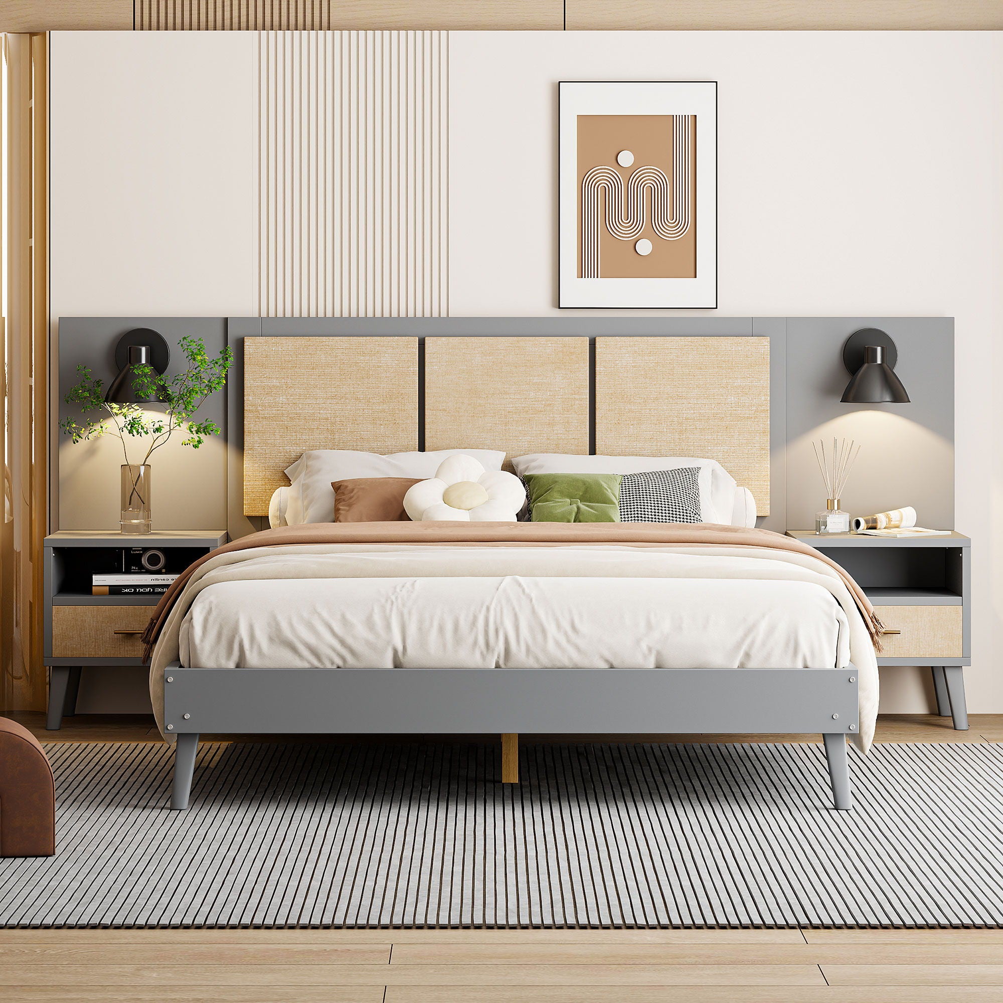 Bed Frame With 2 Nightstands Elegant Design With Lamps