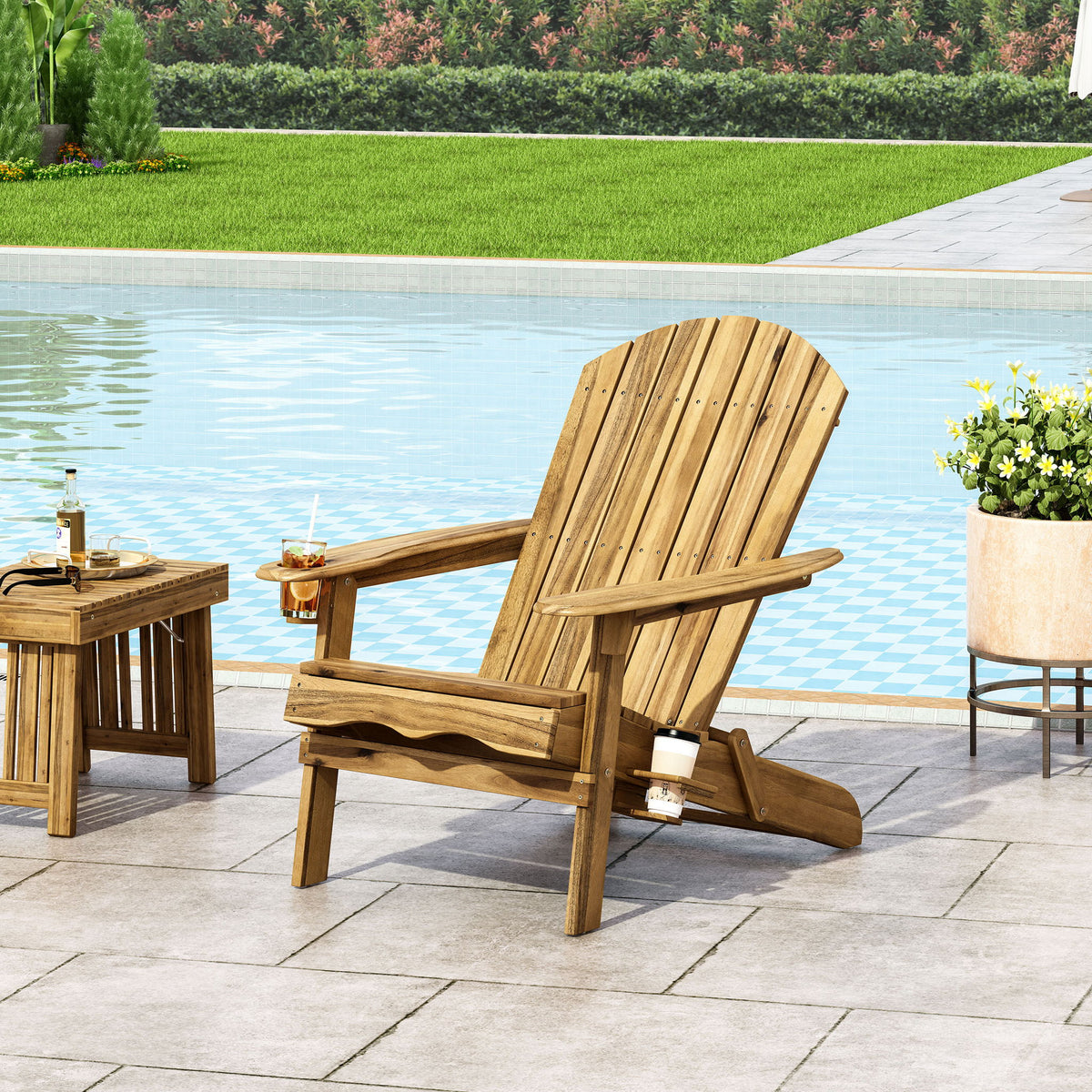 Outdoor Adirondack Chair With Slat Back And Cup Holder - Natural