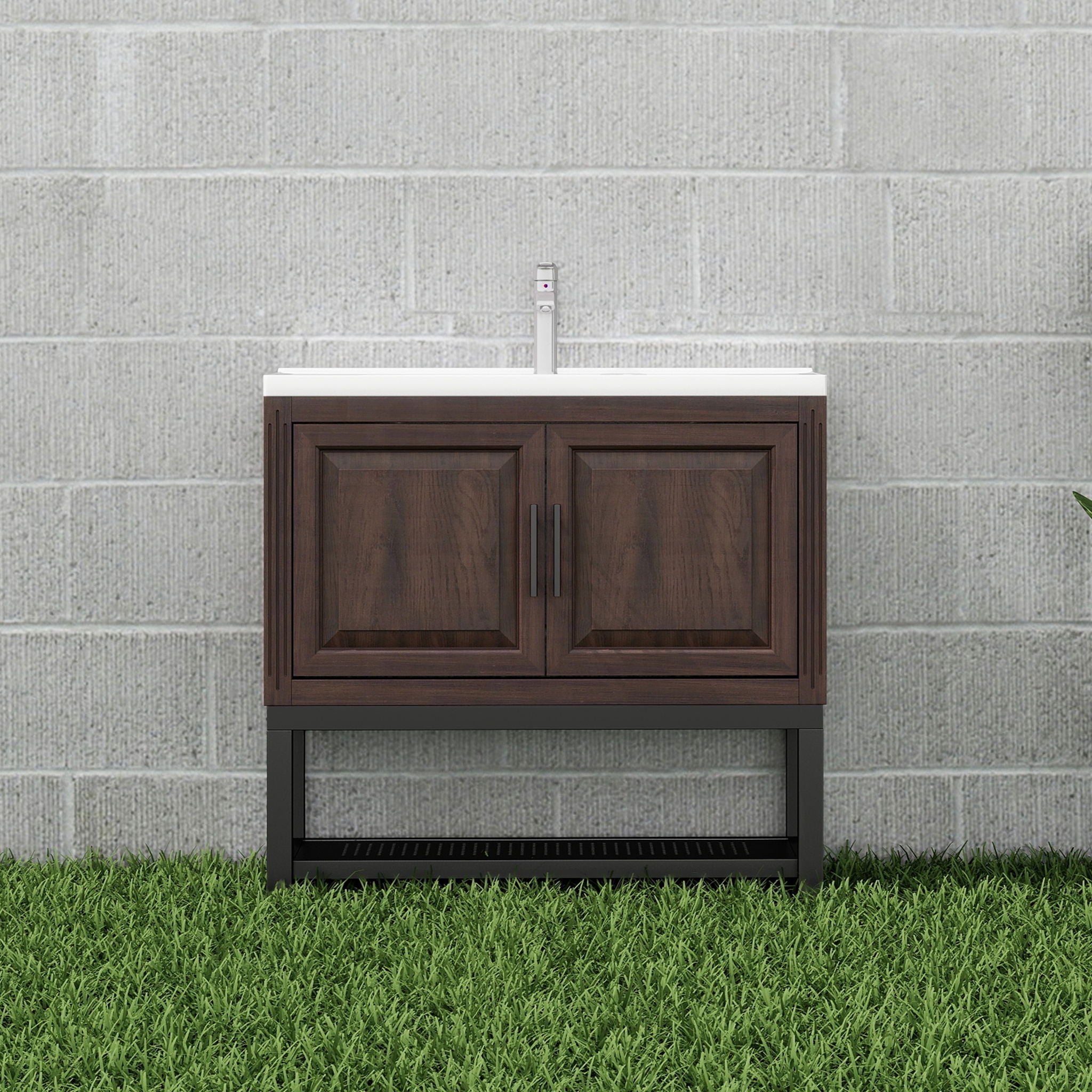 Modern Freestanding Bathroom Vanity With Ceramic Sink, Hot And Cold Faucet, Storage Cabinet & Open Shelf