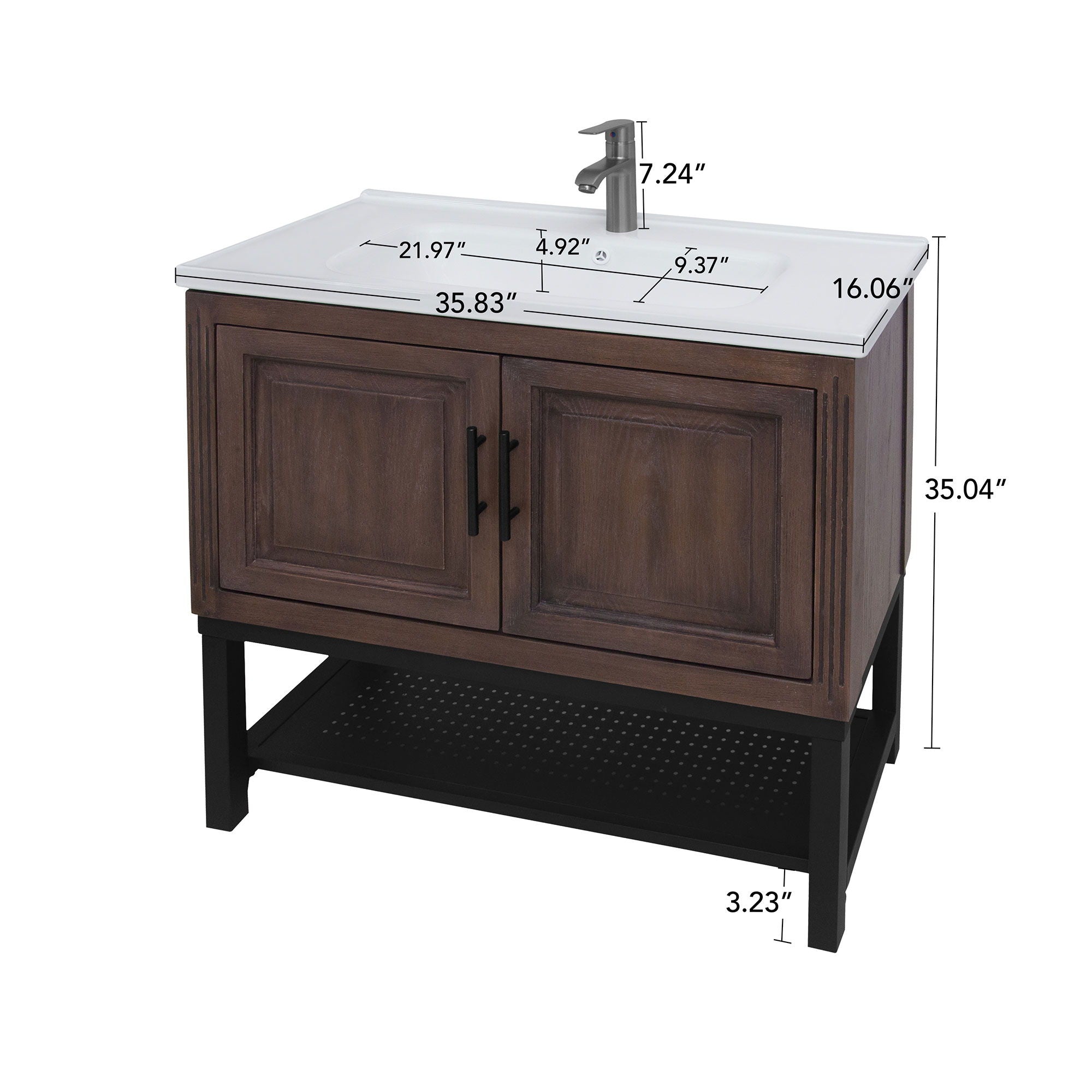 Modern Freestanding Bathroom Vanity With Ceramic Sink, Hot And Cold Faucet, Storage Cabinet & Open Shelf
