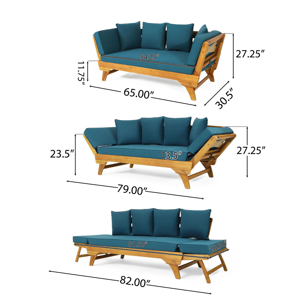 Outdoor Acacia Wood Expandable Daybed With Cushions