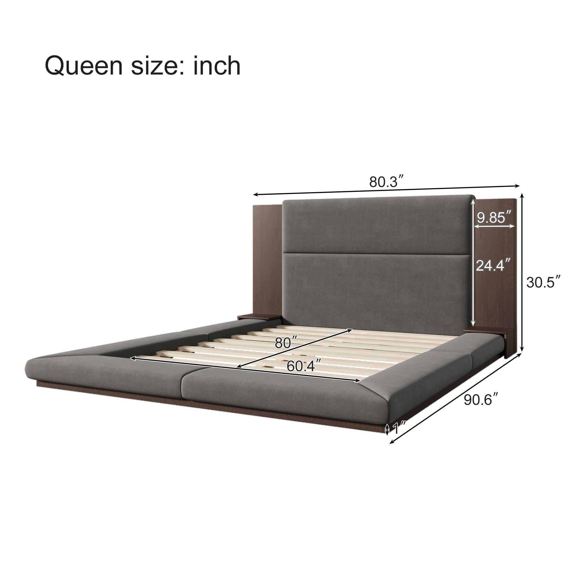 Floor Upholstered Platform Bed With Extended Headboard & Bedside Shelf