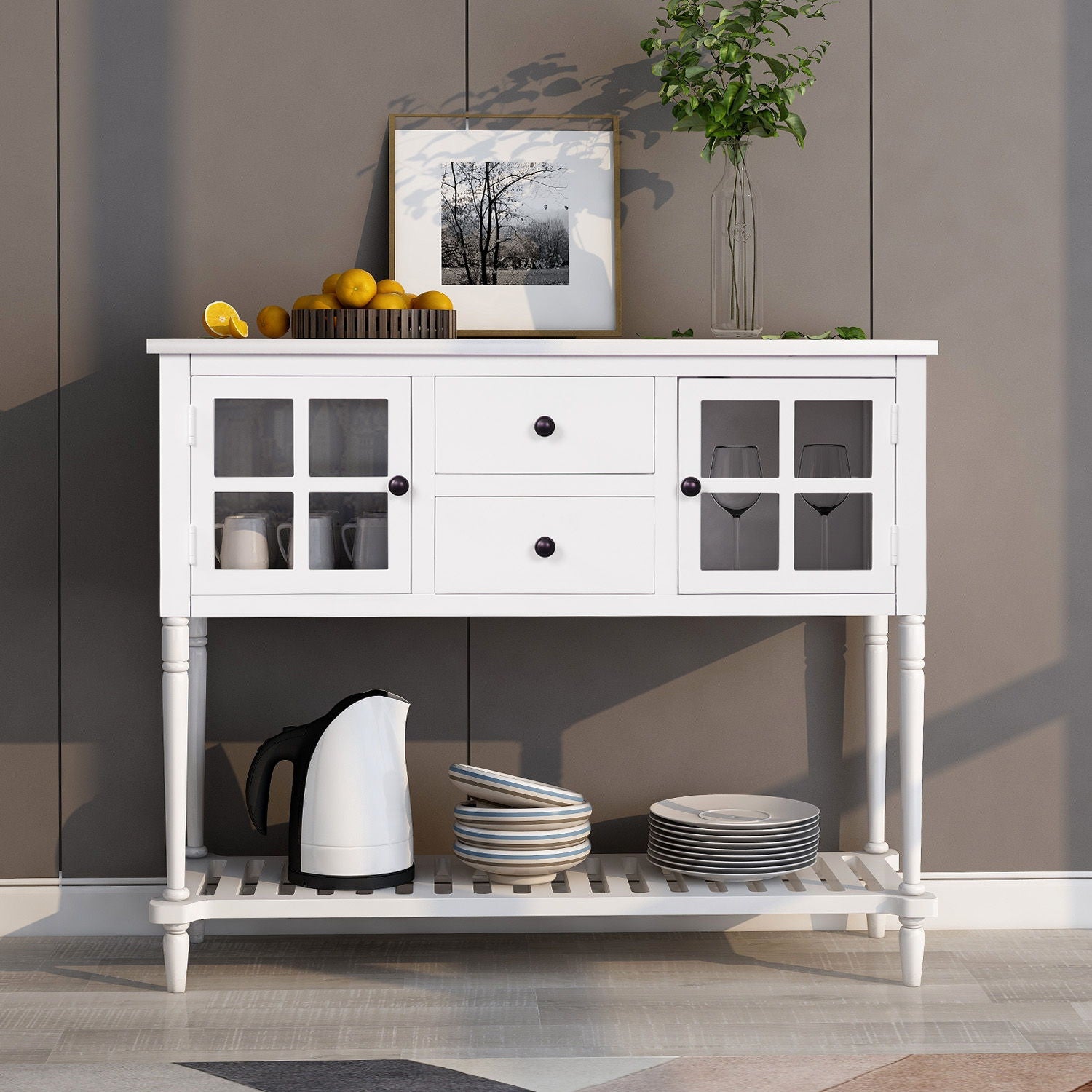Hearth & Haven Stella - Buffet Storage Cabinet With Bottom Shelf - White