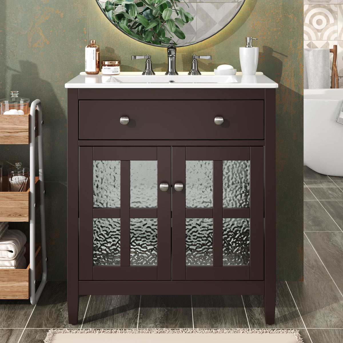 Bathroom Vanity With Ceramic Sink, Adjustable Shelf & Tip Out Tray