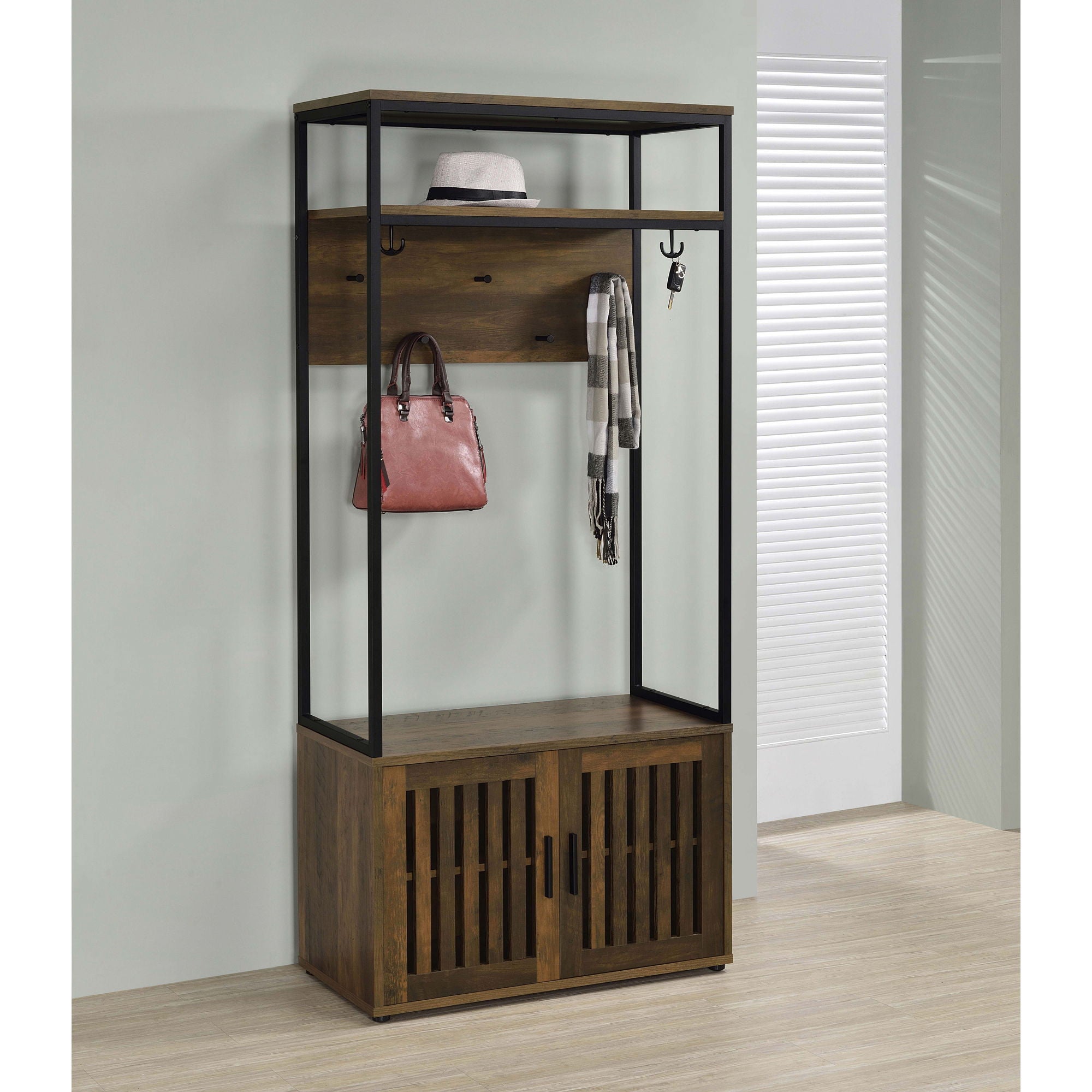 Flora - 2 Door Coat Rack Hall Tree Storage Bench And Multi Functional Storage - Natural