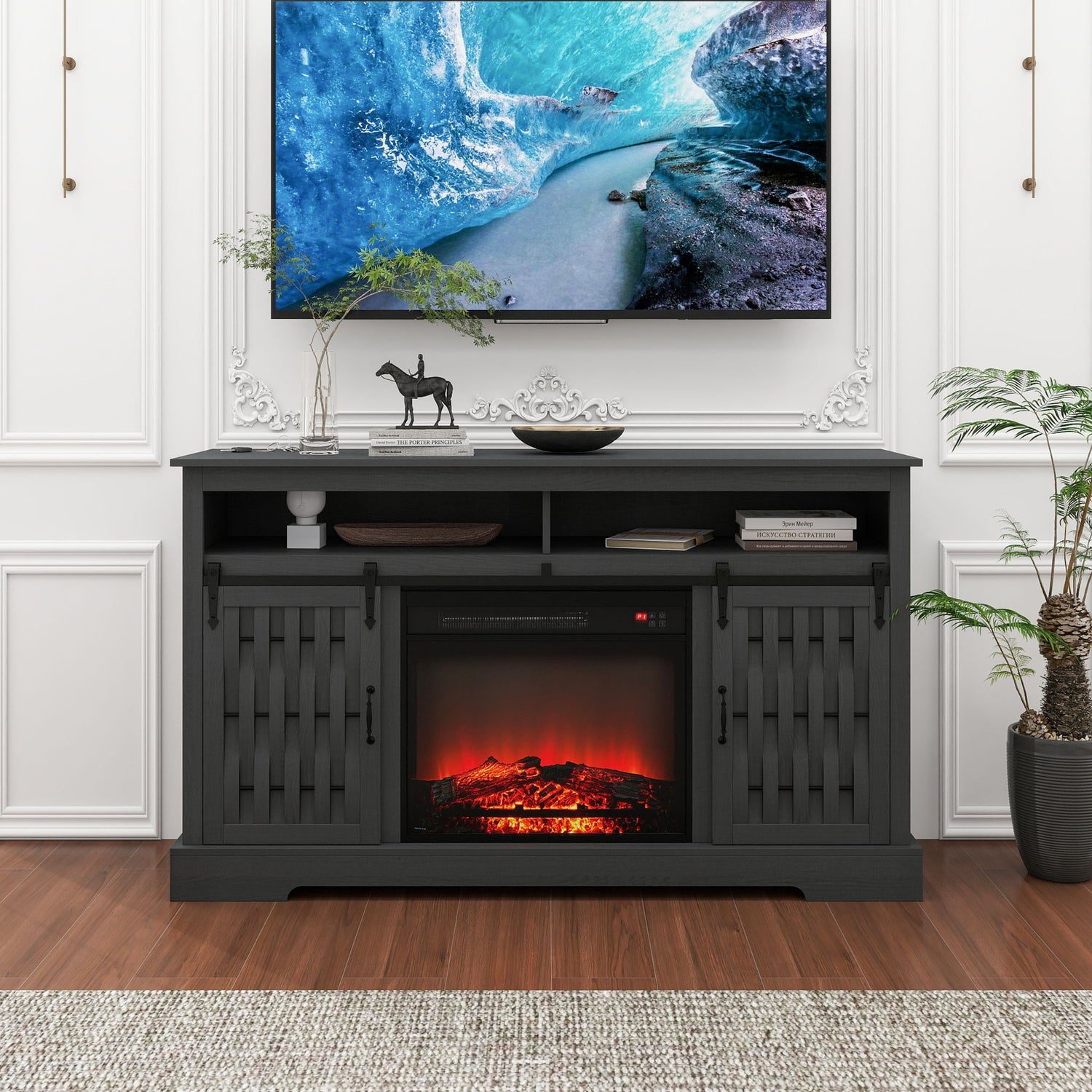 Fireplace TV Stand For Tvs Up To 65", Entertainment Center With 23" Electric Fireplace, Farmhouse TV Stand Industrial Media Console With Sliding Barn Door For Living Room - Dark Gray