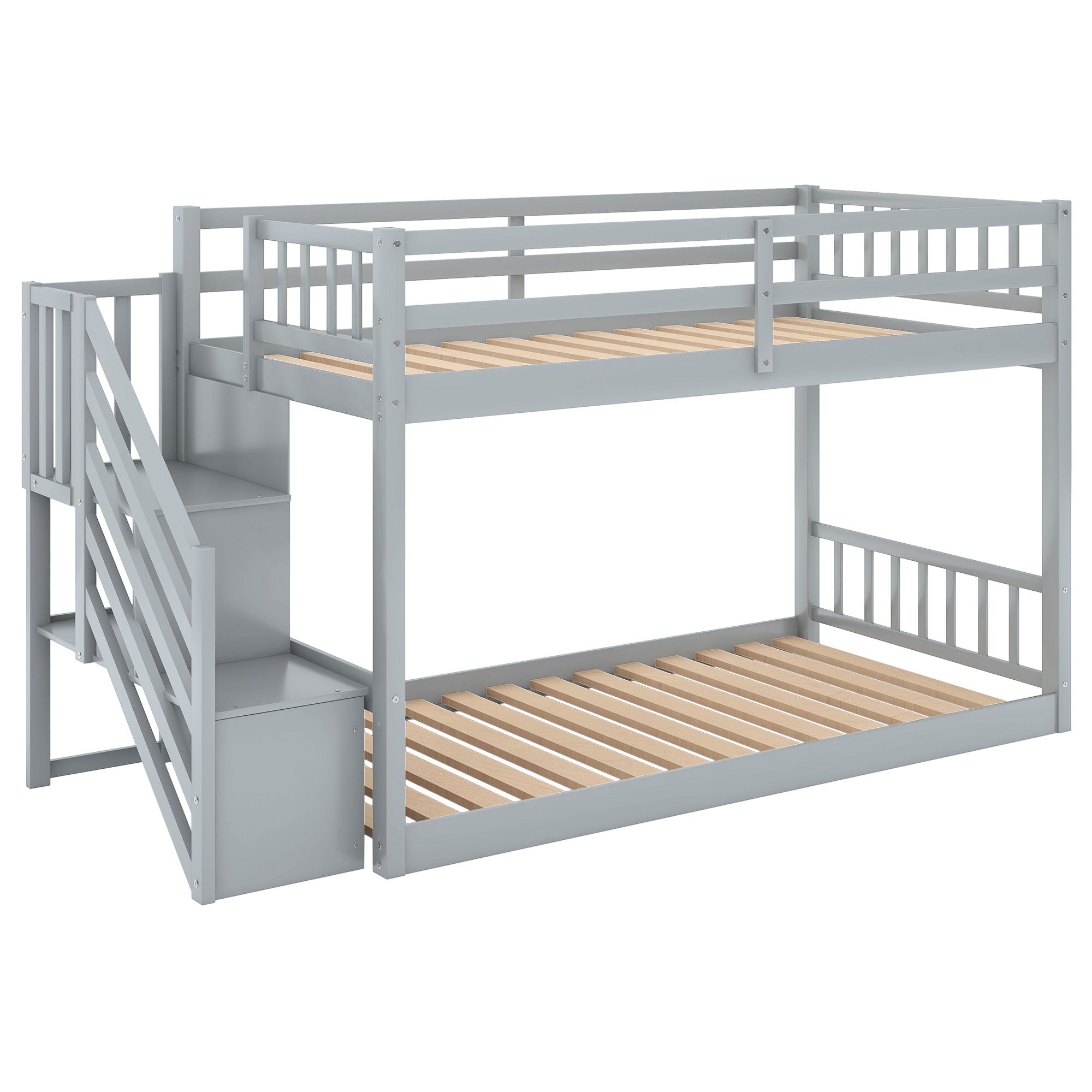 Norset - Twin Over Twin Floor Bunk Bed, Ladder With Storage