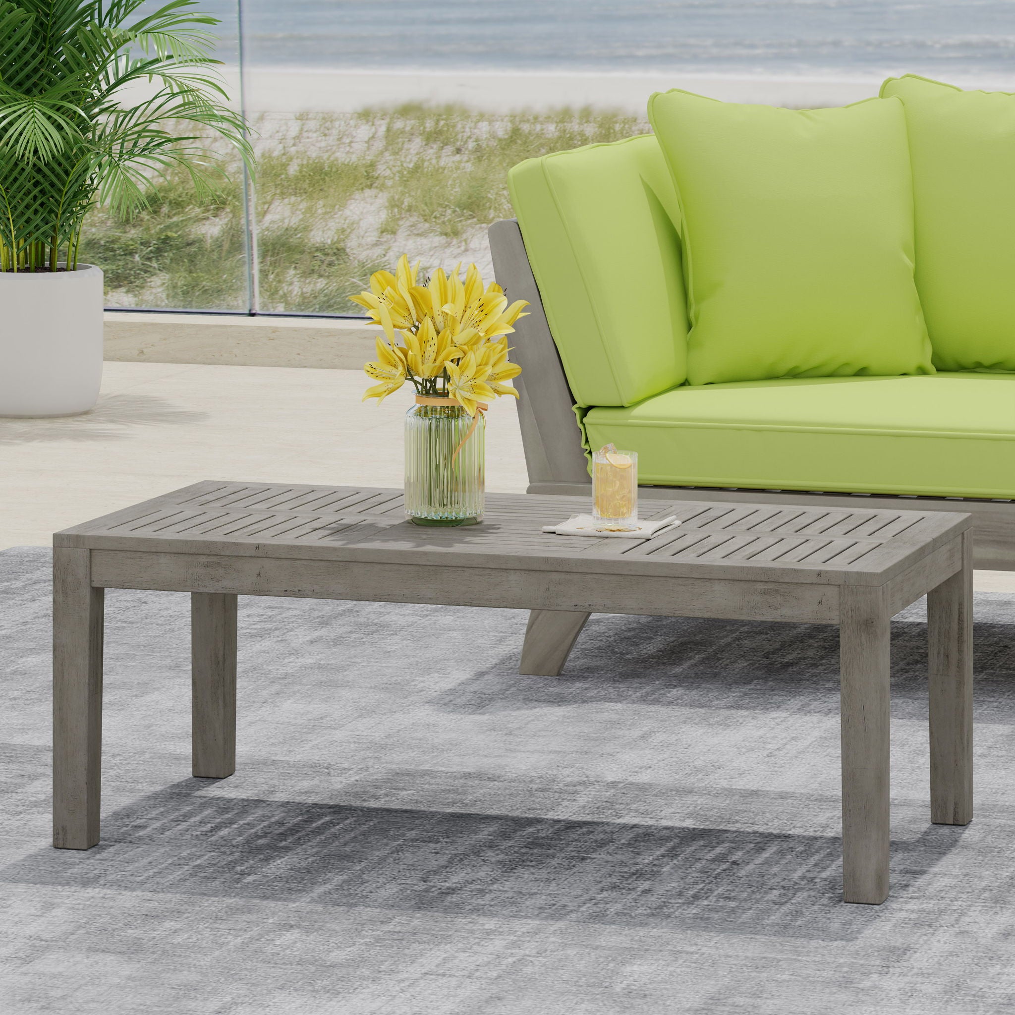 Ingenious - Outdoor Acacia Wood Coffee Table With Slat Panel Design - Gray