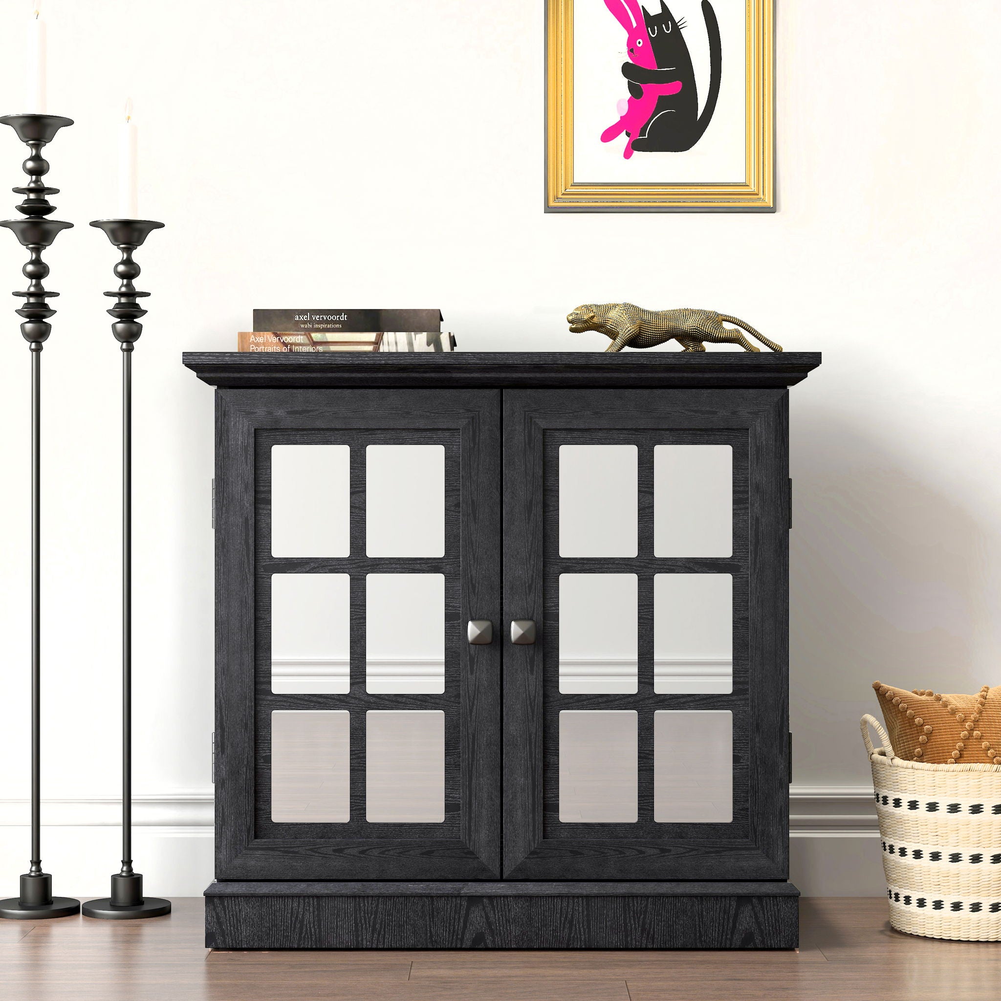 Sideboard Cabinet With Mirrored Doors, Adjustable Shelf, Metal Handles