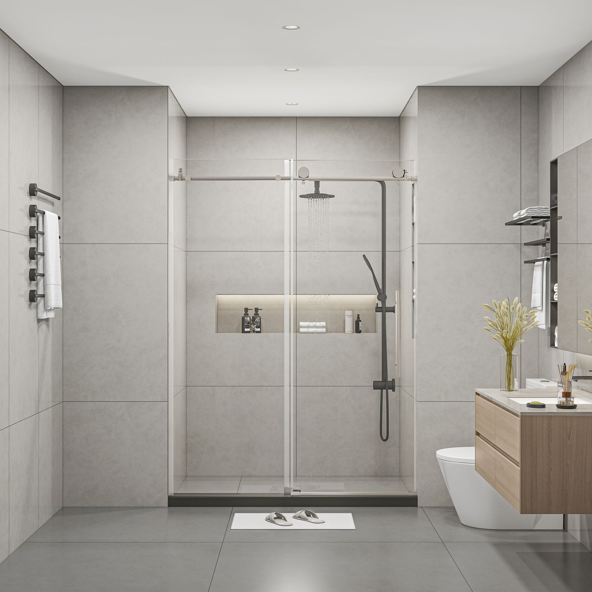 Frameless Shower Door, Clear Tempered Glass - Brushed Nickel