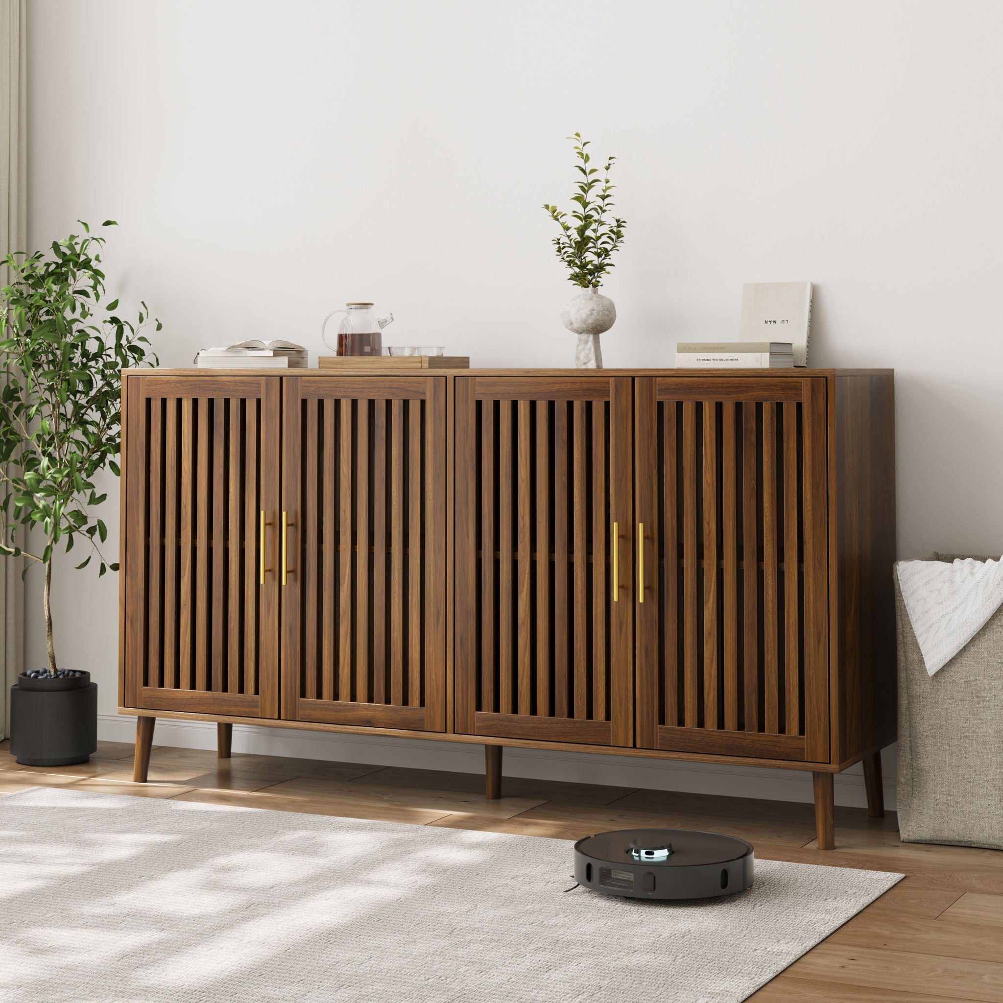 Grille Striped Sideboard Buffet Cabinet With Storage