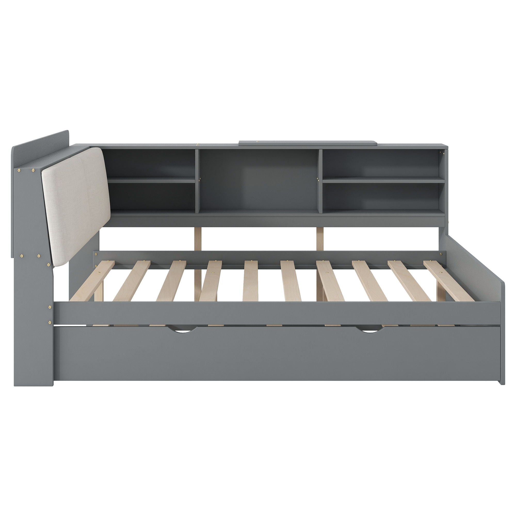 Platform Bed With Trundle, Shelves, And Storage Headboard
