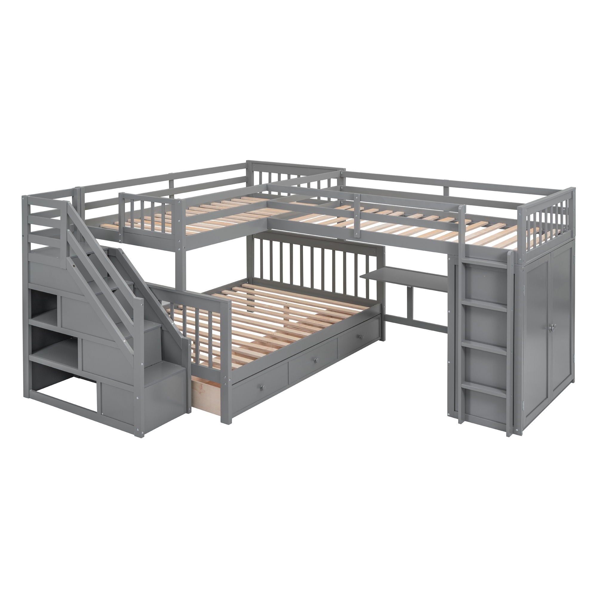 L Shaped Bunk Bed With 3 Drawers, Portable Desk And Wardrobe