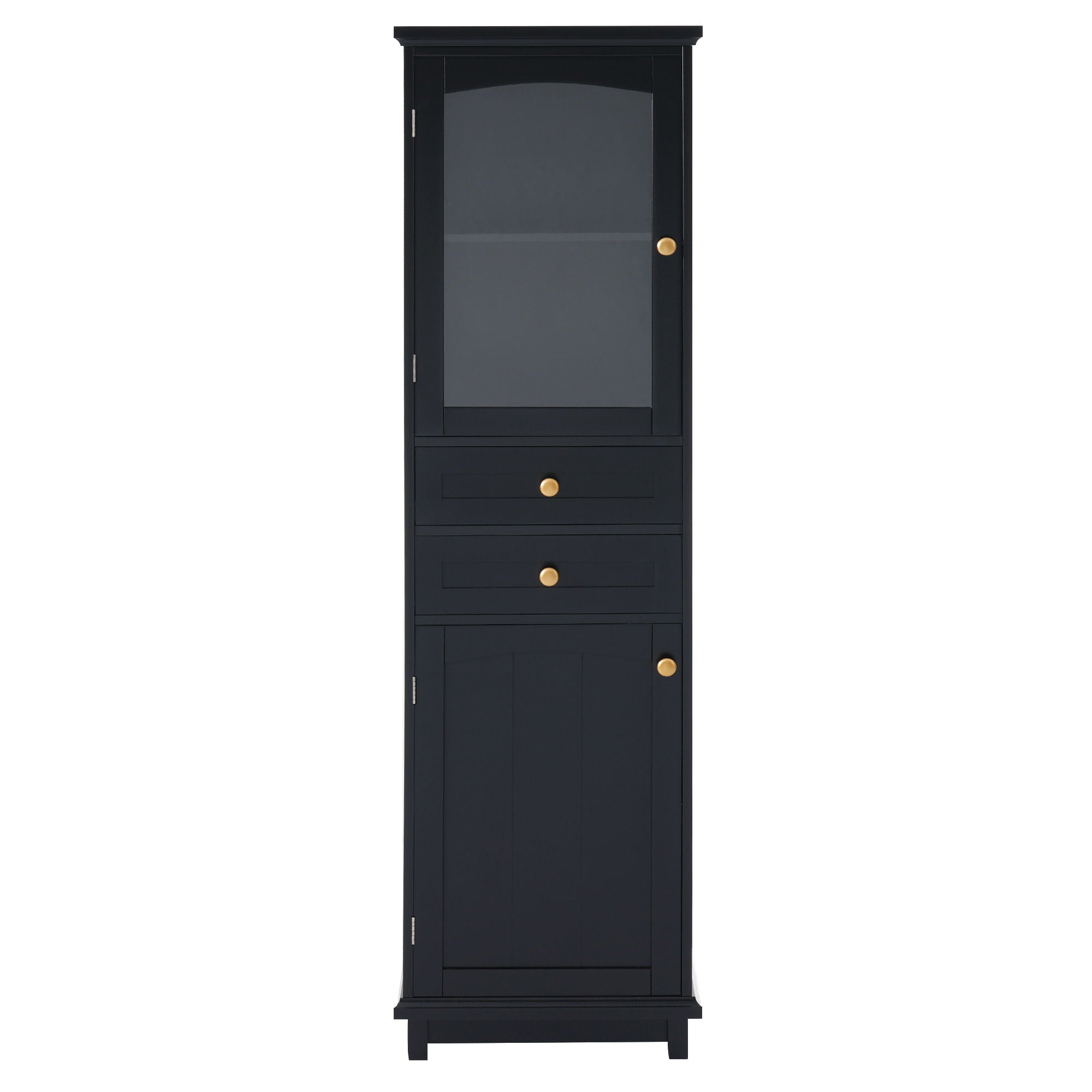 Tall Bathroom Storage Cabinet With Glass Doors, Free-Standing, Two Drawers, And Adjustable Shelves, Board, Painted Perfect For Displaying Your Favorite Items