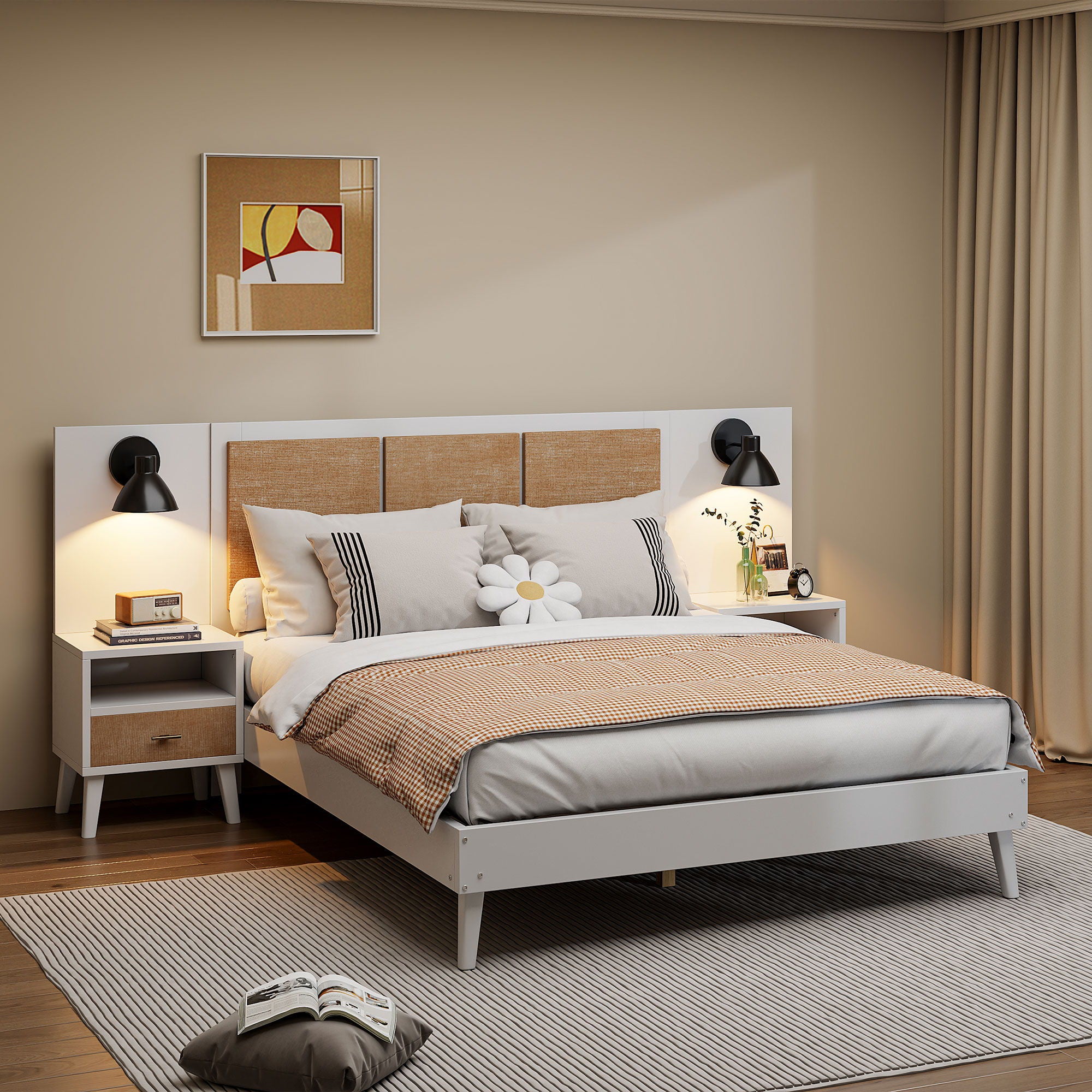 Bed Frame With 2 Nightstands Elegant Design With Lamps