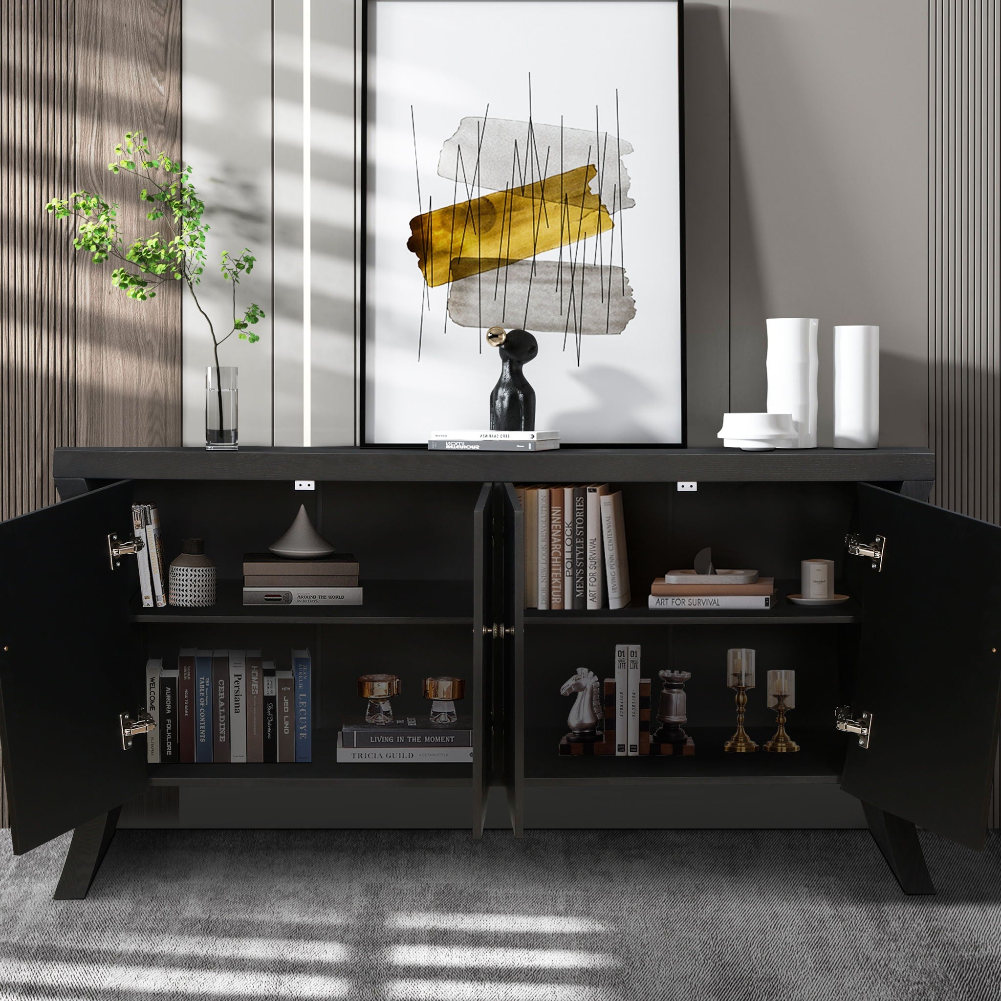 Refined Industrial 4 Door Credenza With Arc Legs & Clasps