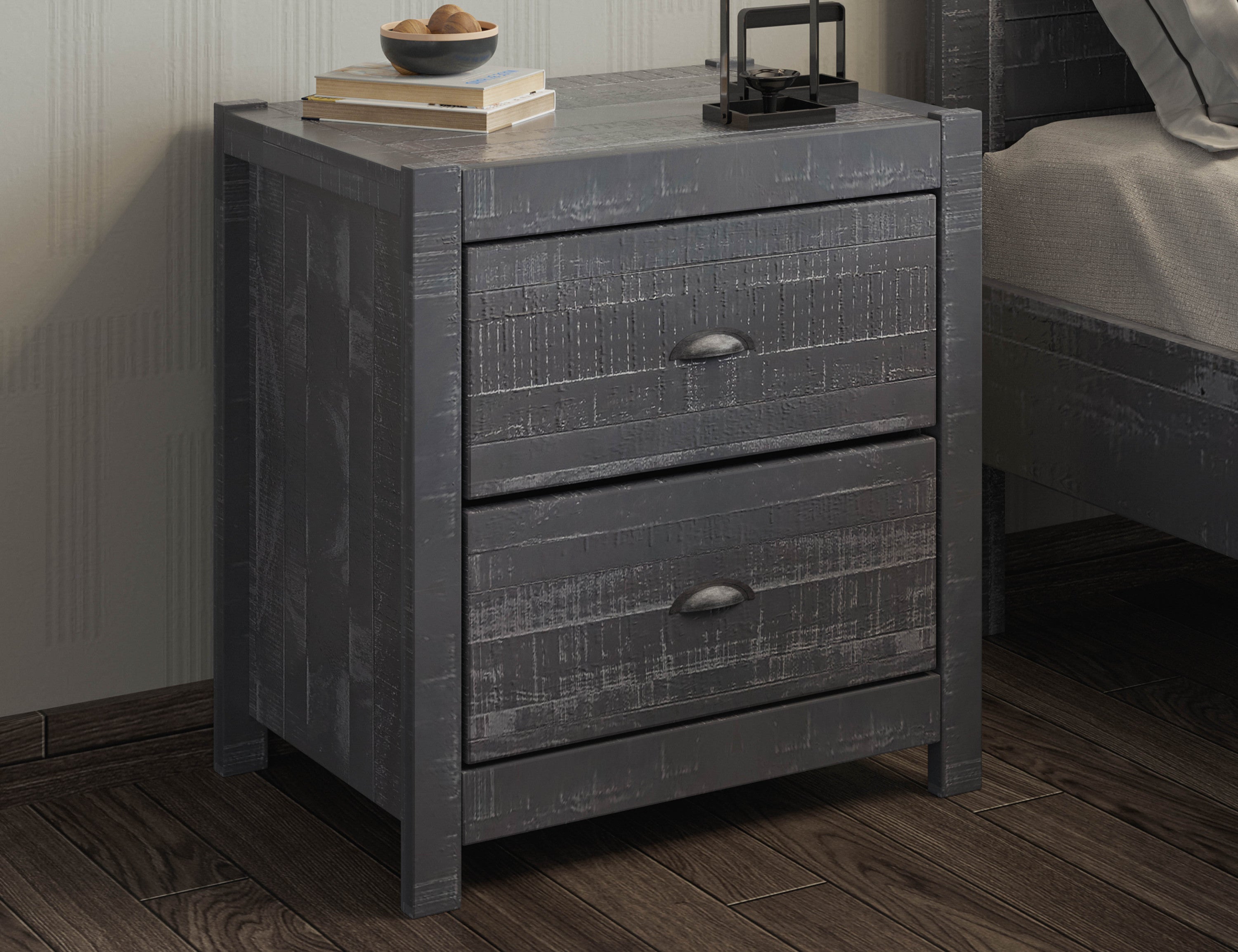 Albany 3 Piece Queen Bed Set, Heavy Duty Solid Wood Queen Size Bed Frame with Bedside Table Set of 2, Grey