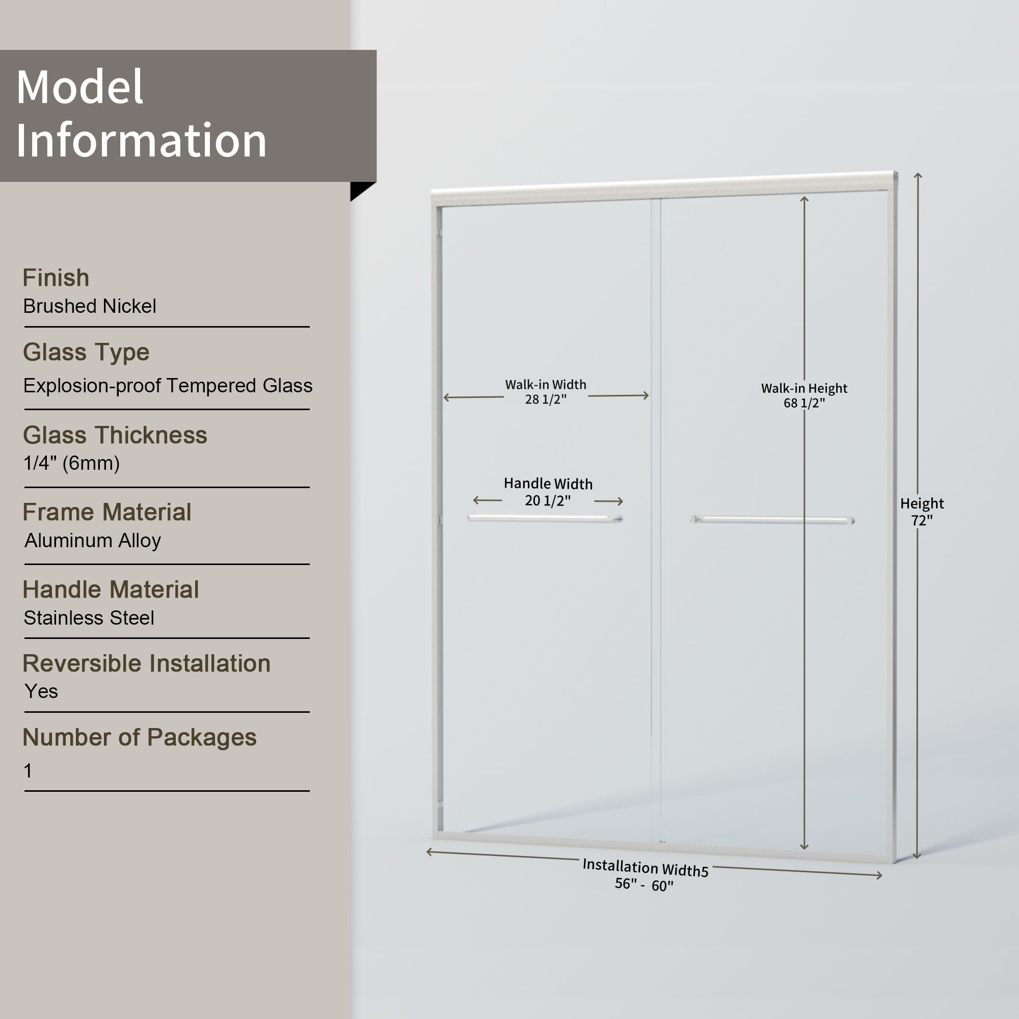Double Sliding Shower Door, Semi-Frameless Bypass Bathroom Sliding Door With 1/4" (6 Mm) Tempered Glass For Walk-In Shower