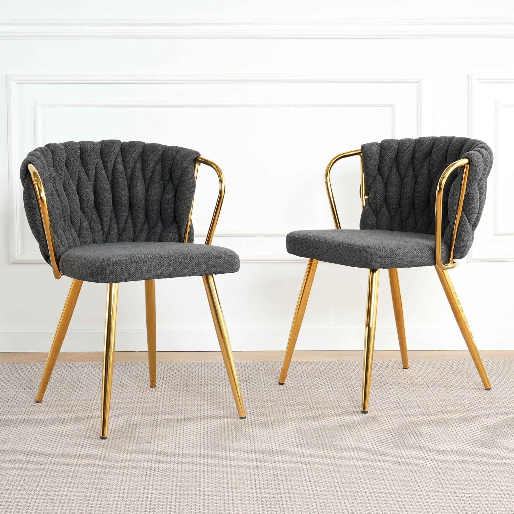 Modern Simple Linen Dining Chair With Plated Metal Legs (Set of 2)
