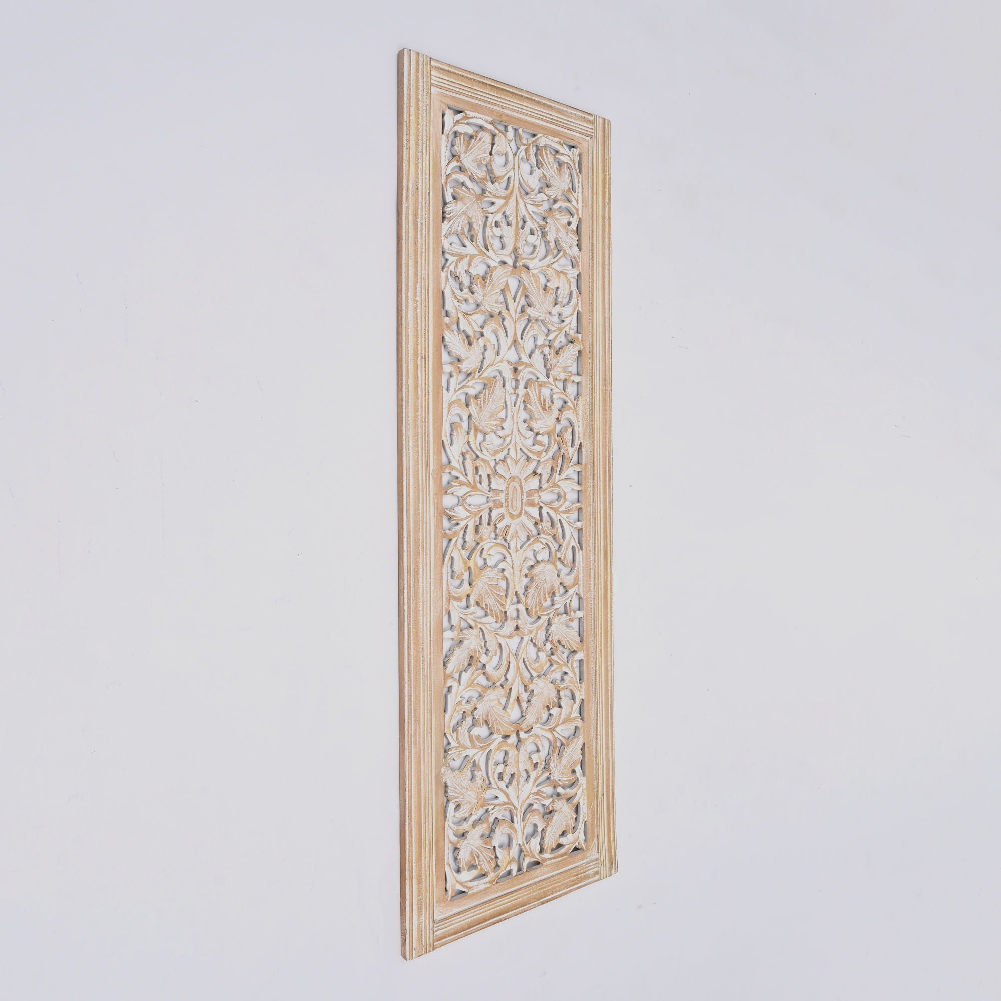 Floral Hand Carved Mandala Rectangular Wall Decor Accent - Gold / White