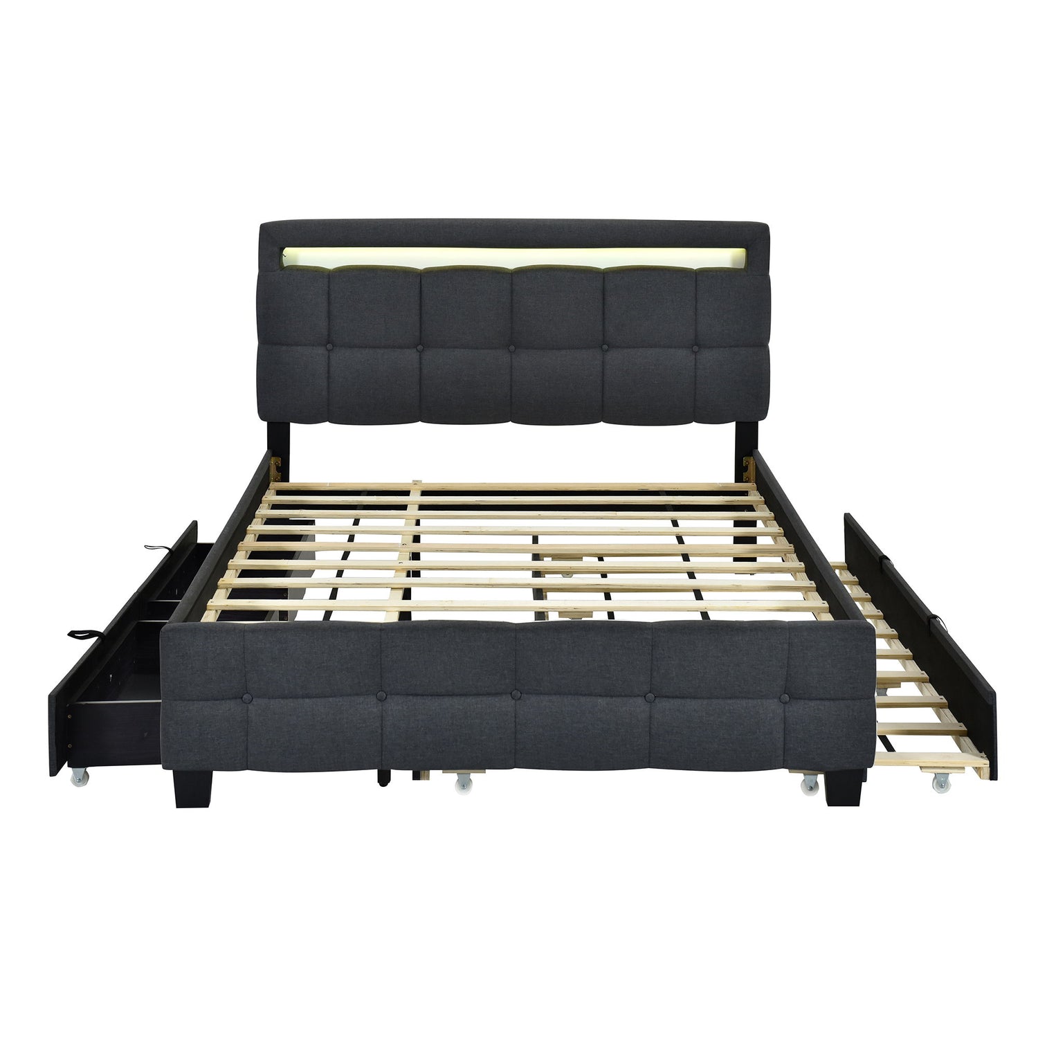 Upholstered Platform Bed With LED Frame, With Trundle And 2 Drawers