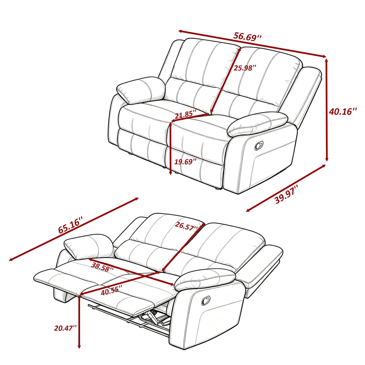 2 Seat Manual Reclining Loveseat With 150° Recline & Footrest - Black