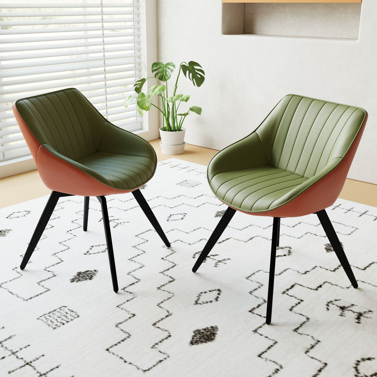 Medieval - Modern Kitchen Dining Chairs (Set of 2) With Black Metal Legs 360° Rotate - Green / Orange