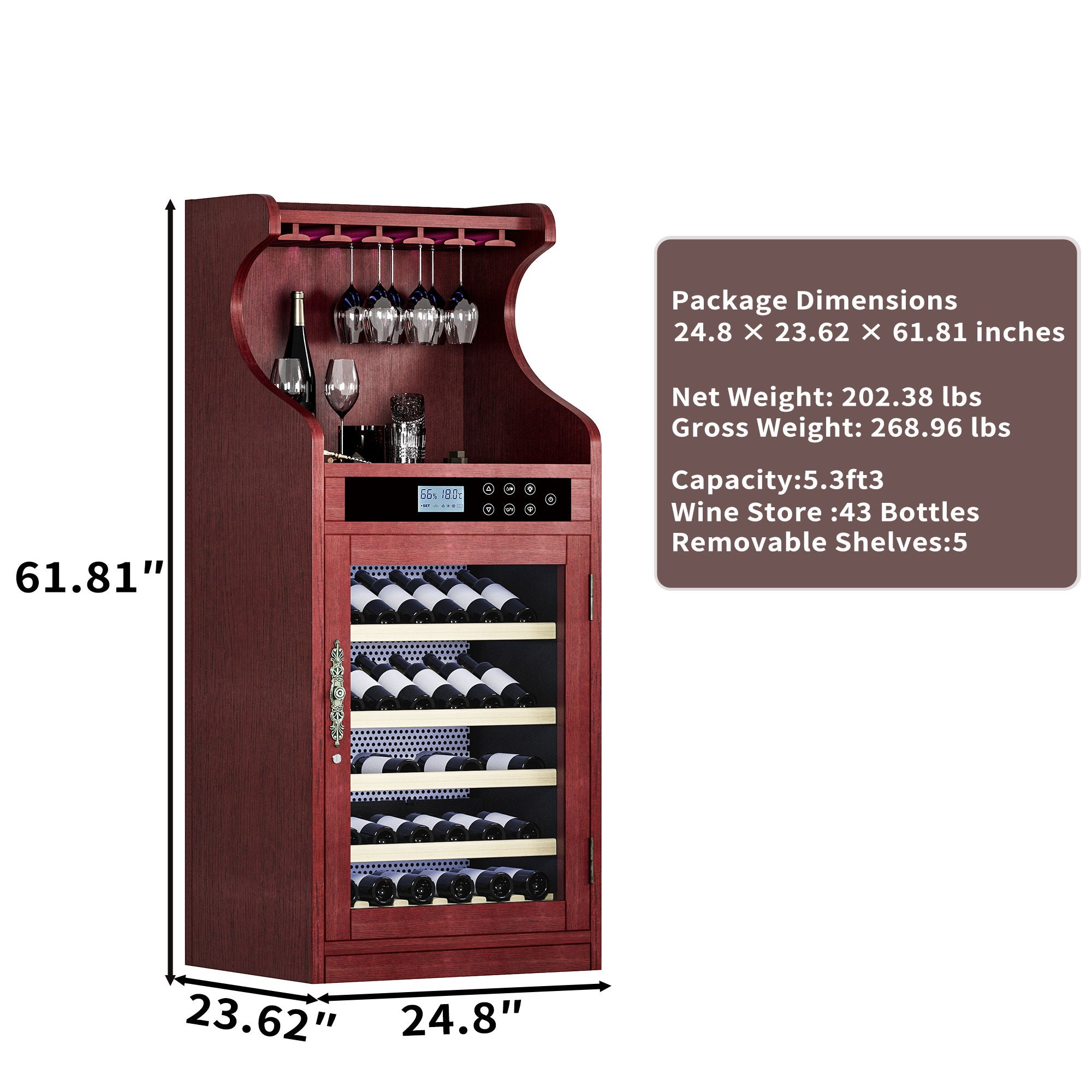 Wine Cooler Cabinet With Touch Control, 43 Bottle Capacity, Humidity & Temperature Regulation - Cherry