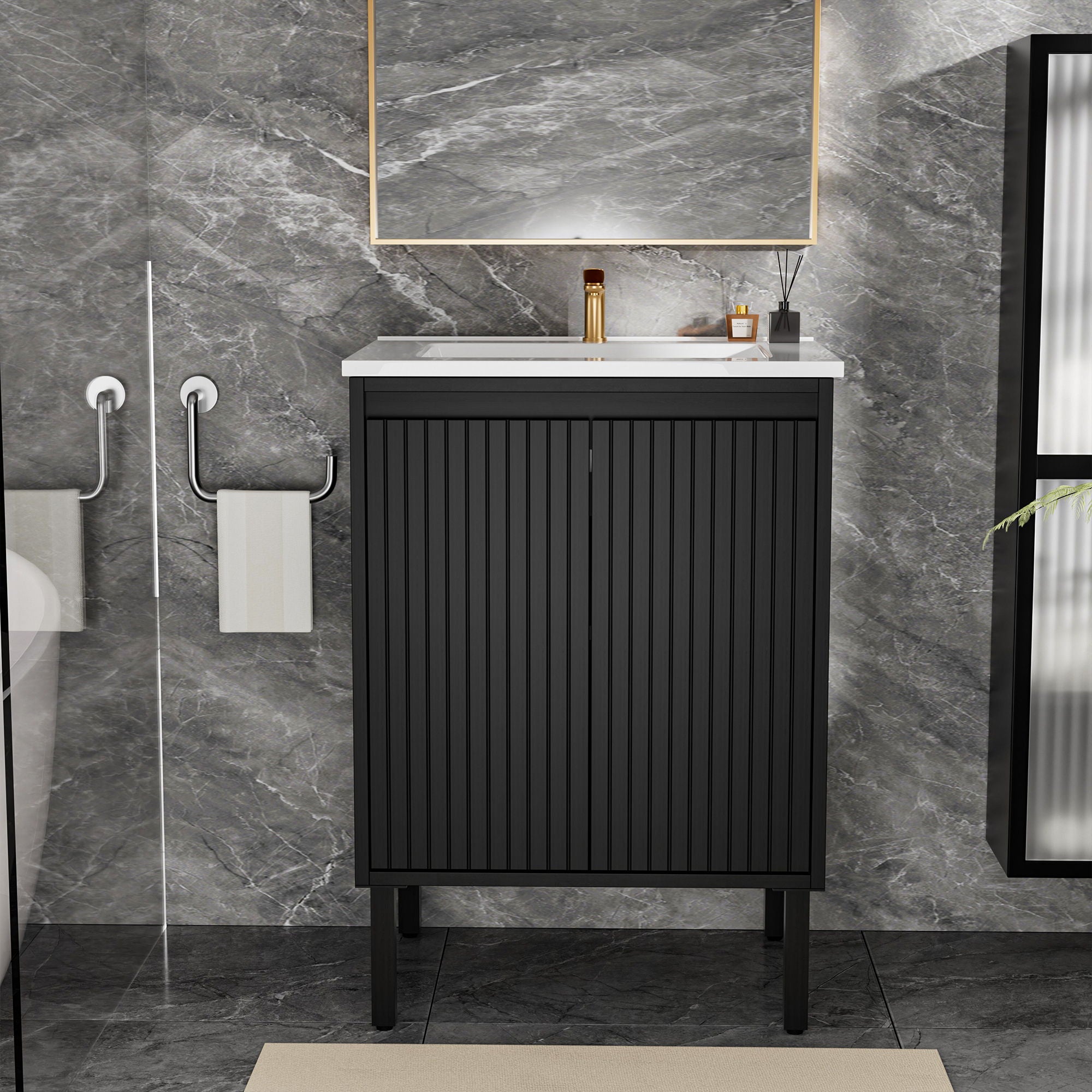 Bathroom Vanity With Ceramic Sink, Floor-Standing Design, Soft-Closing Drawers