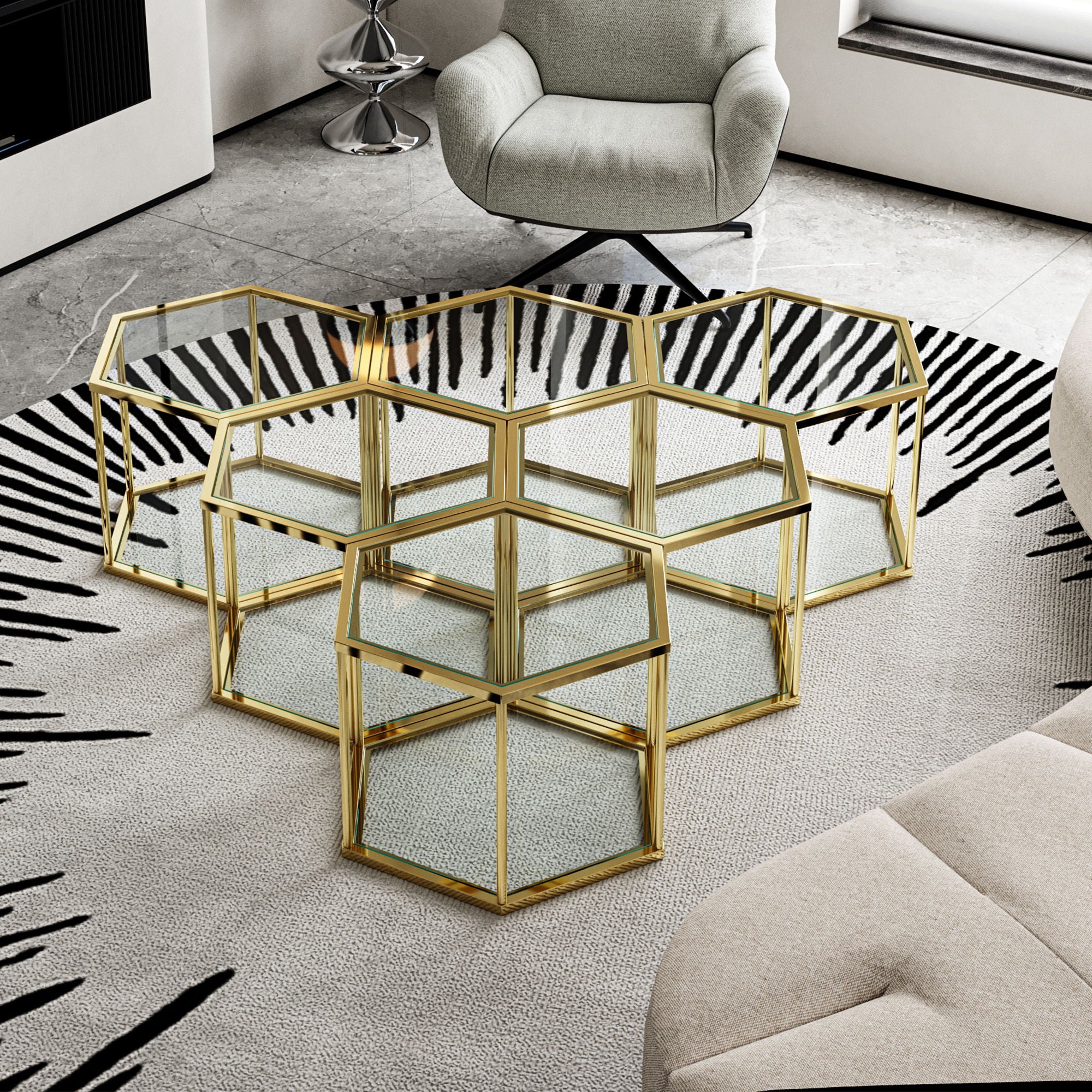 Modern Coffee Table With Double Layer Tempered Glass And Polygonal Design