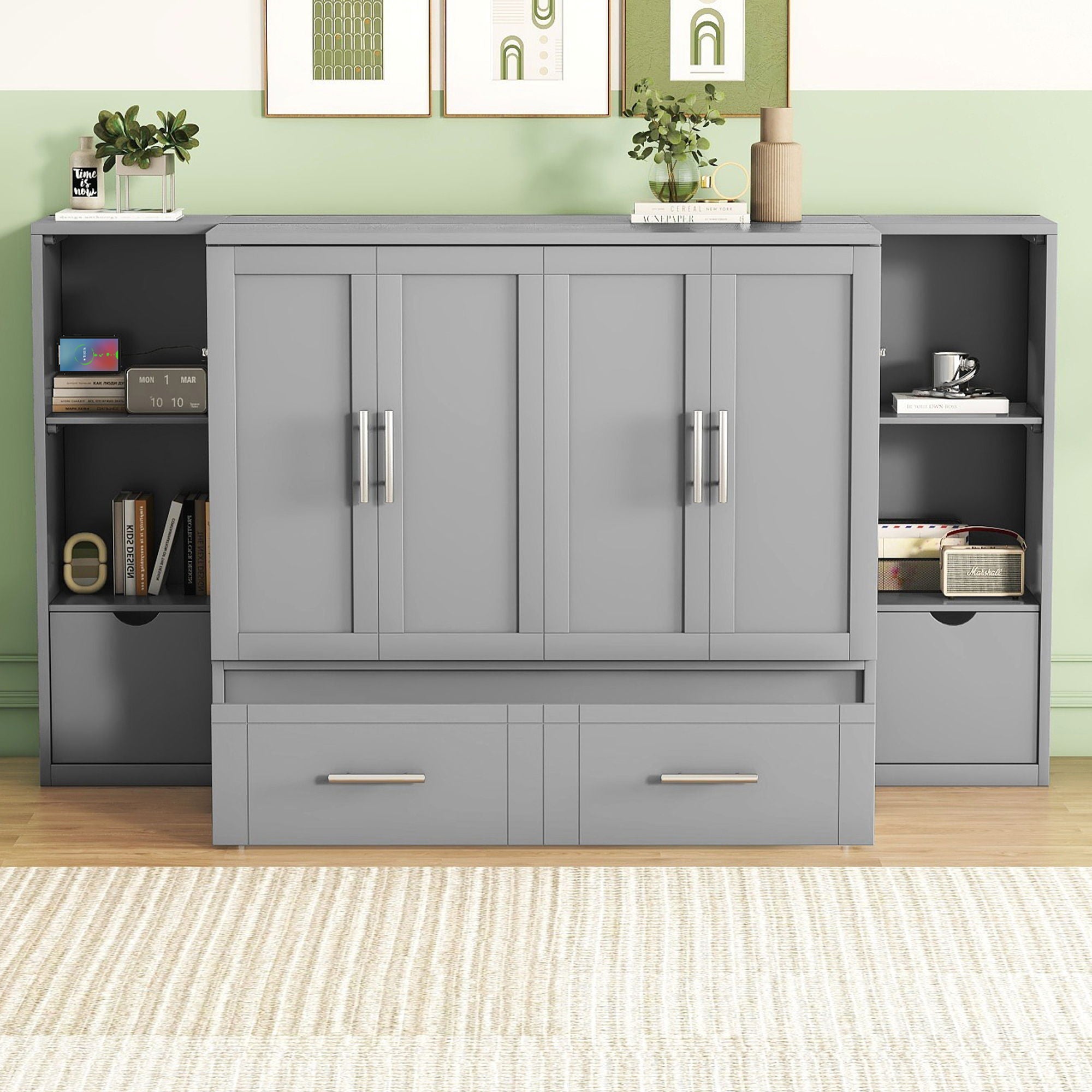 Murphy Bed With Shelves, Drawers And USB Ports