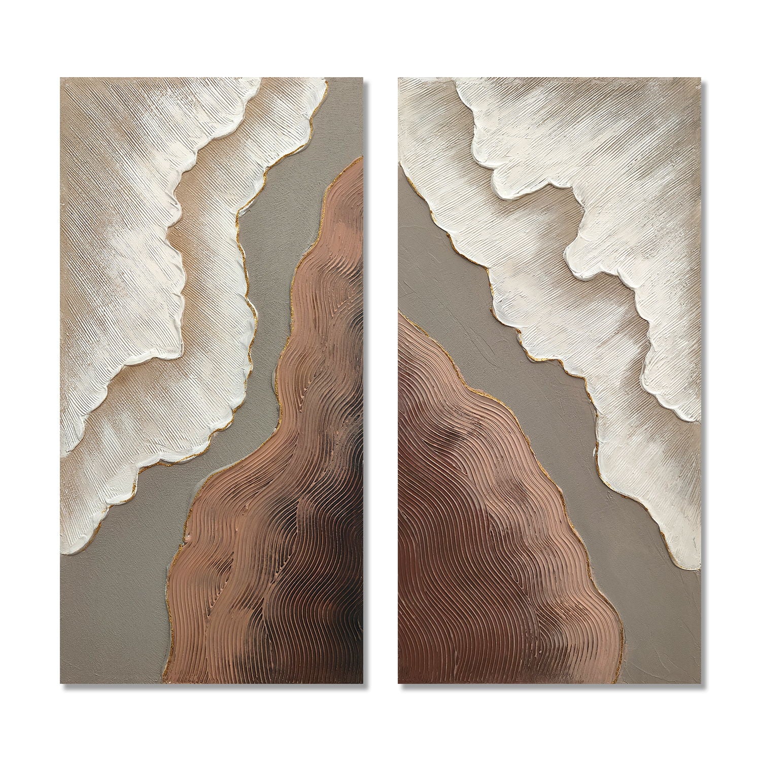 Abstract Wall Art, Textured Canvas Painting With Accents, Decor For Living Room (Set of 2) - Antique Brown+White