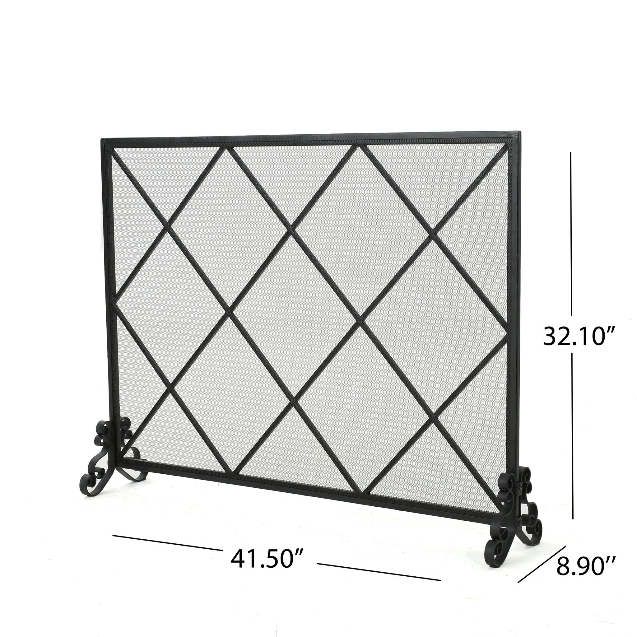 Minimalist Single Panel Iron Fireplace Screen With Diamond Design - Black