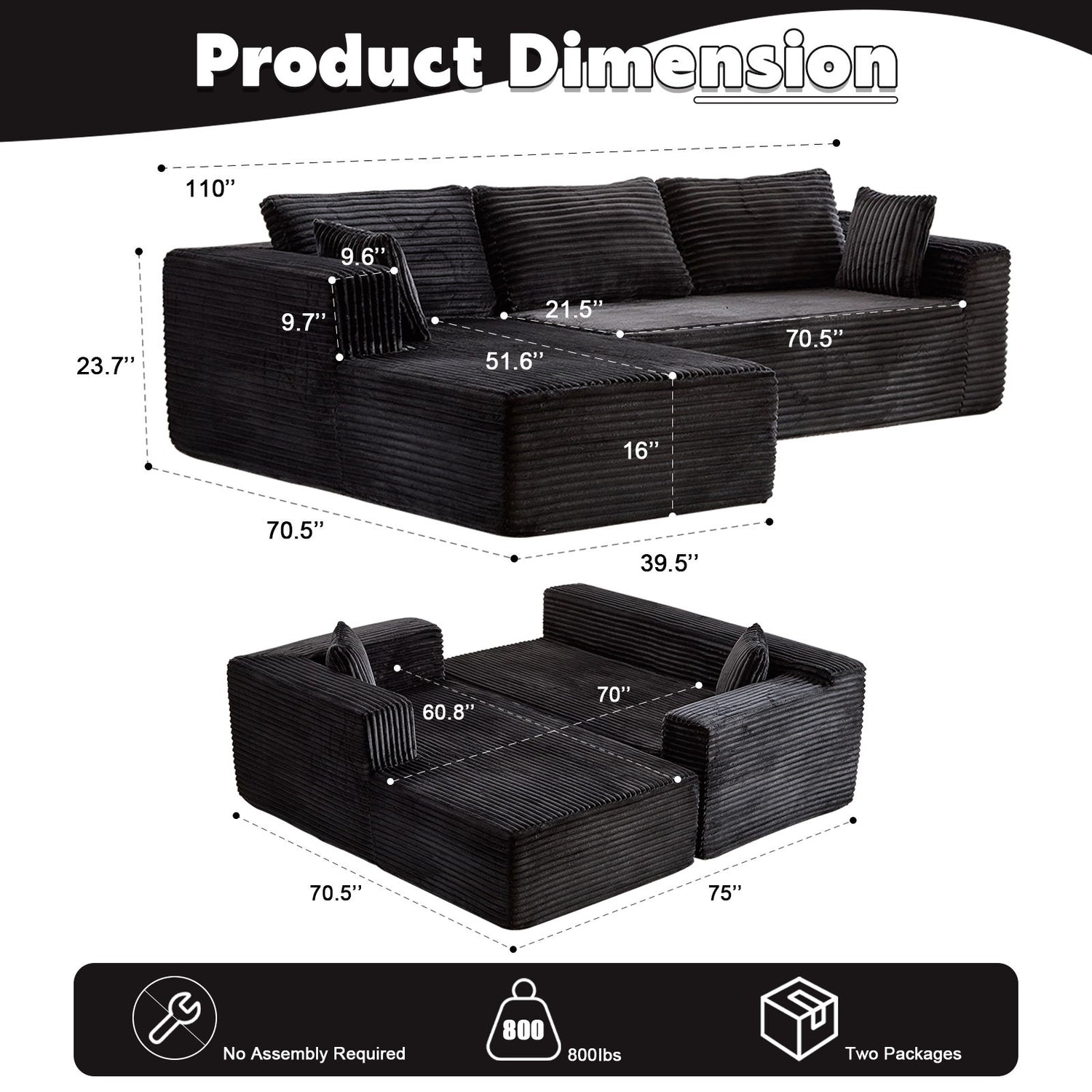 Compression Sectional Couch With Comfy Chaise, Boneless L Shape Sofa With Deep Seat