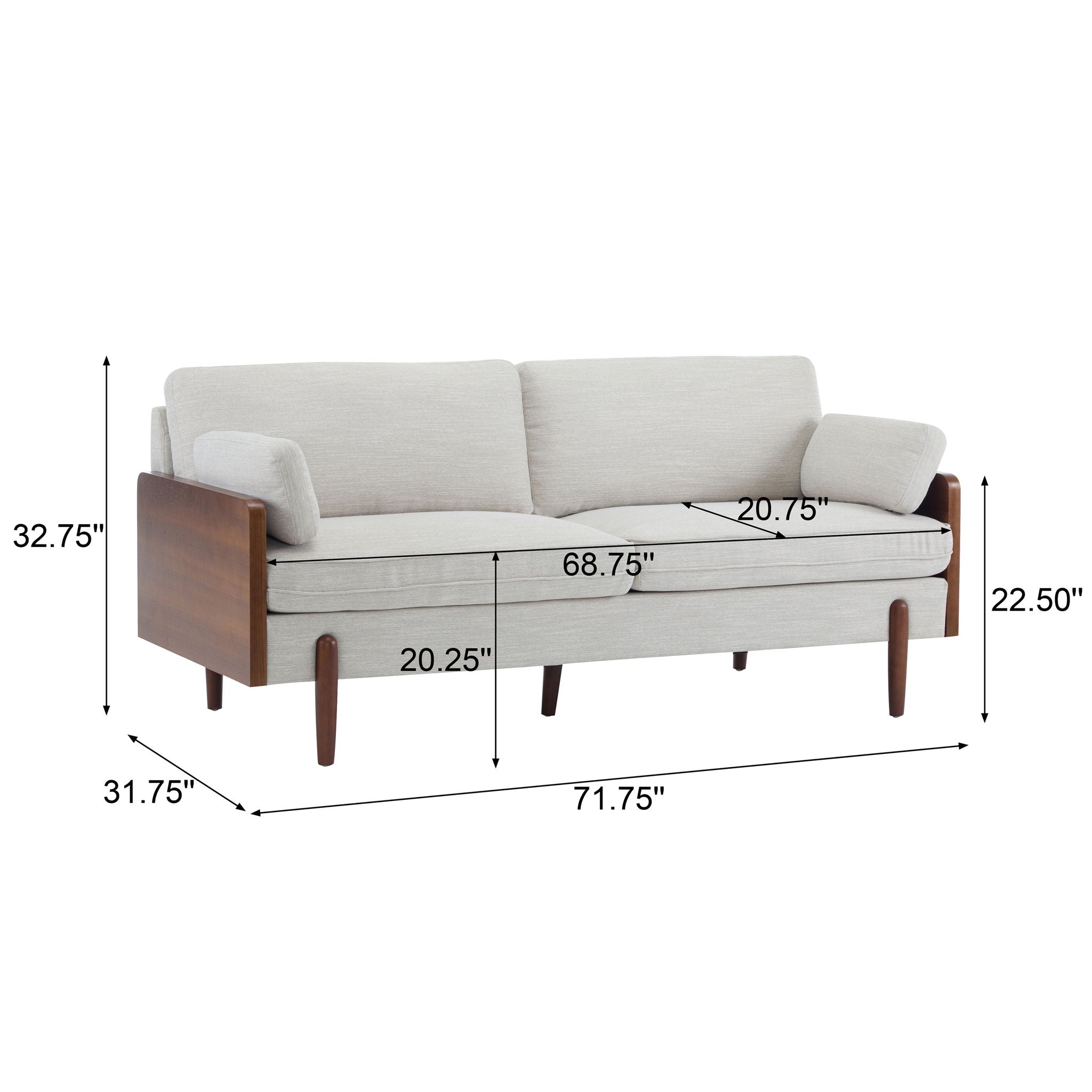 Sofa With Wood Sides And Rounded Legs - Beige