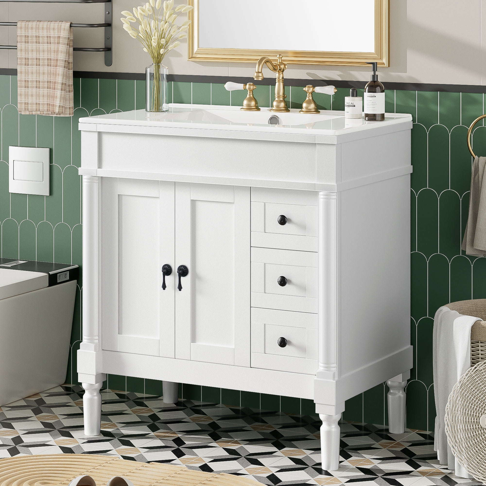 Bathroom Vanity With Ceramic Sink, 2 Doors 3 Drawers, Soft Close Design