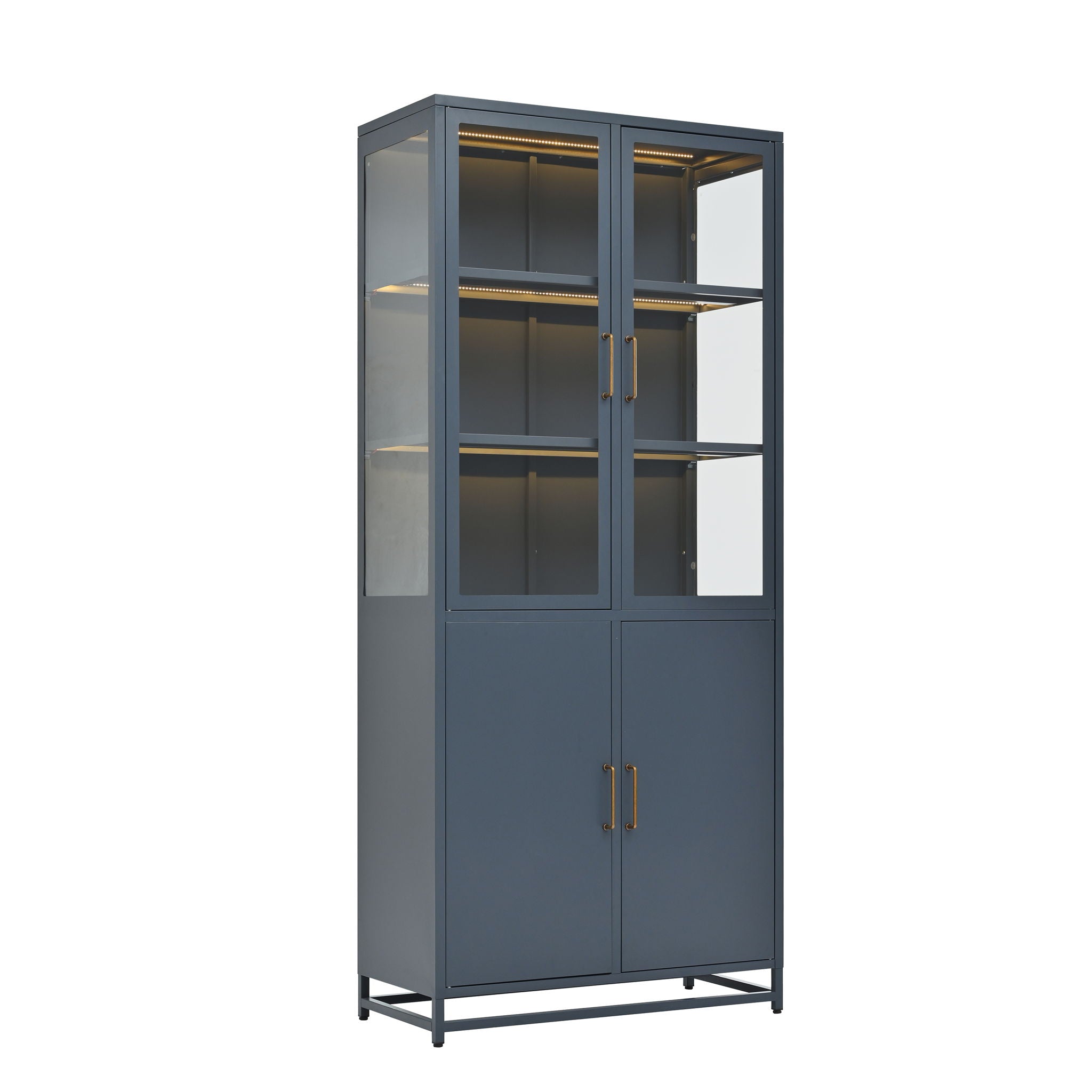 Modern Style Tall Steel Display Cabinet With Double Glass Doors, LED Lights