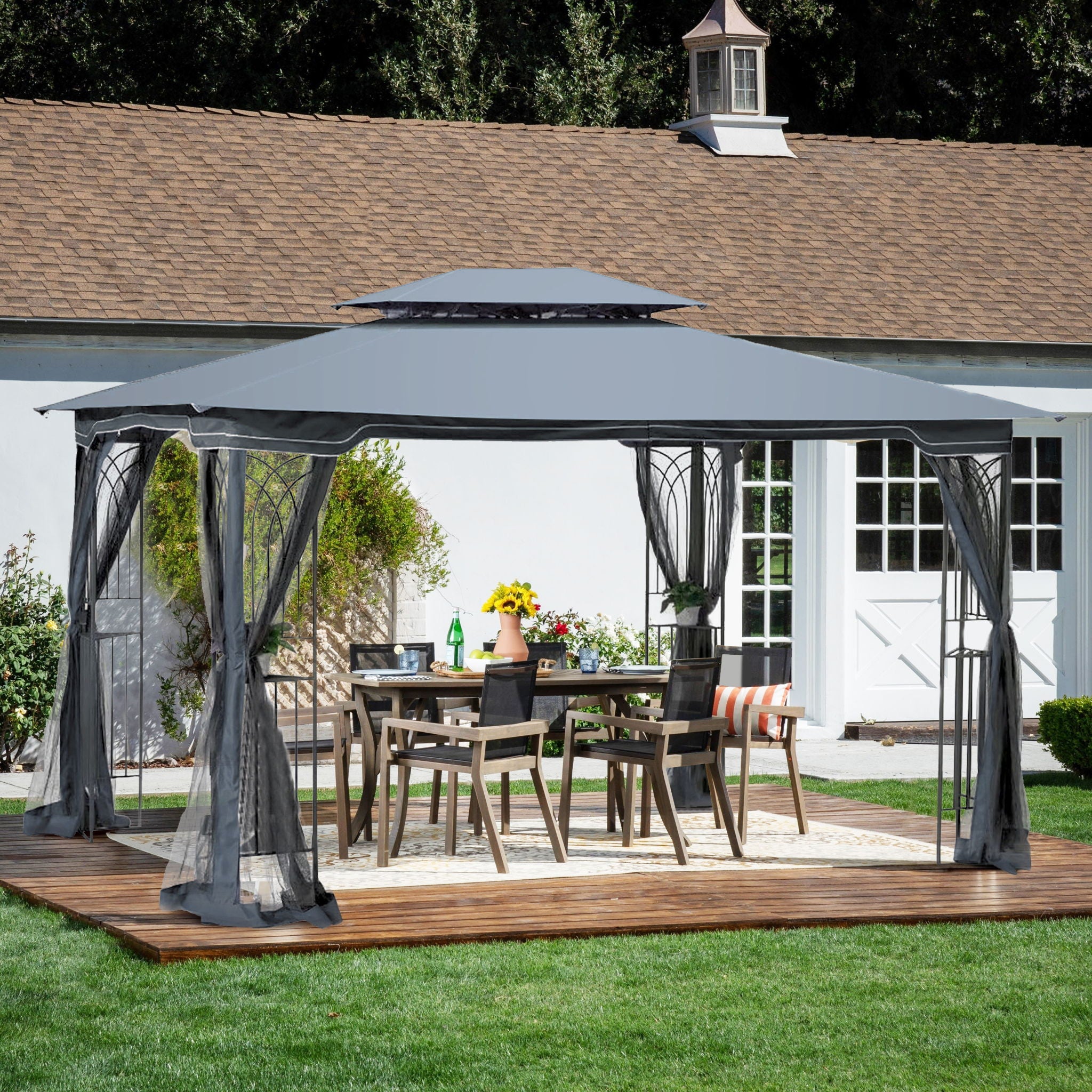 Patio Gazebo Tent With Ventilated Double Roof And Mosquito Net