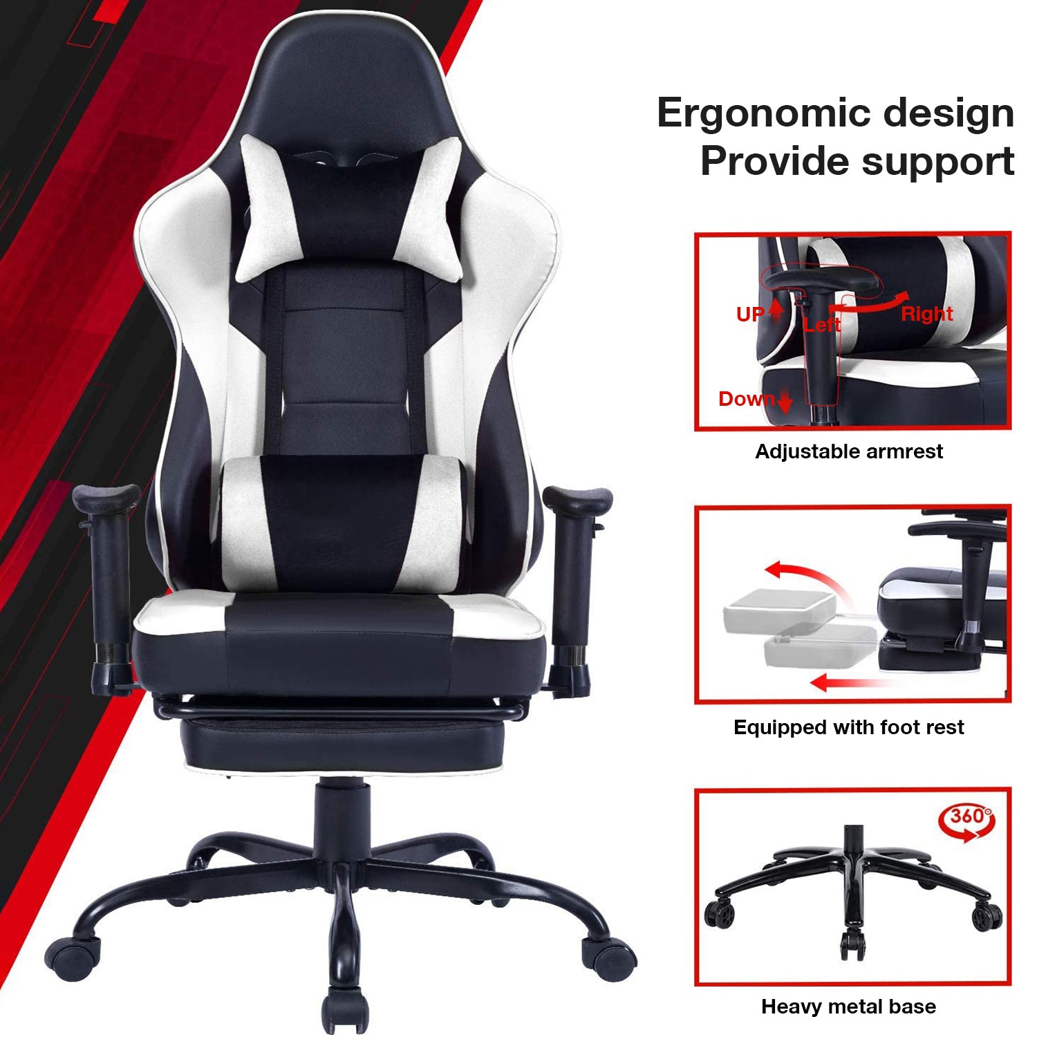 Game chair, ergonomically designed computer chair with headrest and 2D armrests, waist pillow electronic lounge chair with vibration massage function, competitive chair