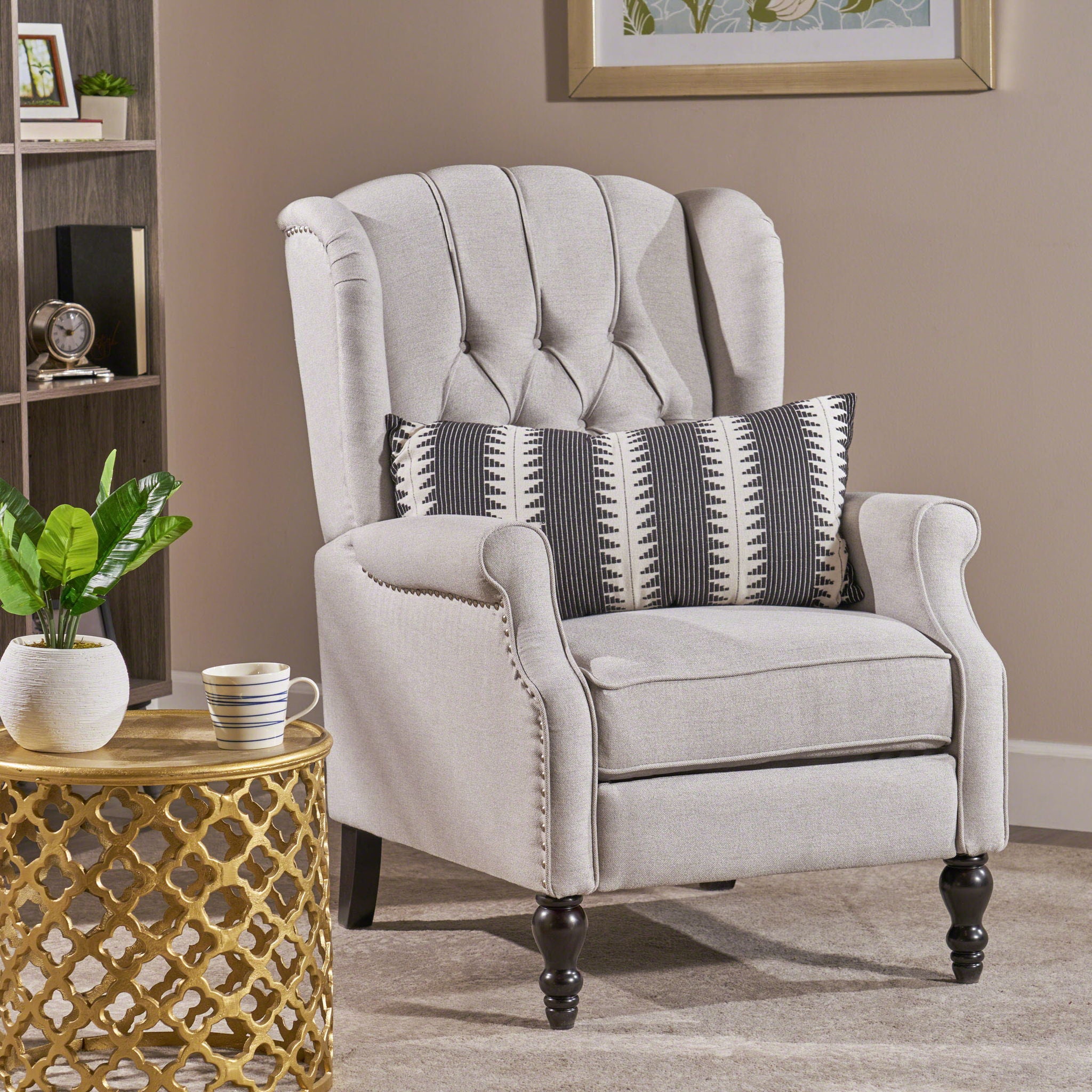 Tufted Arm Chair Recliner With Wingback Style, Pushback Mechanism - Light Gray