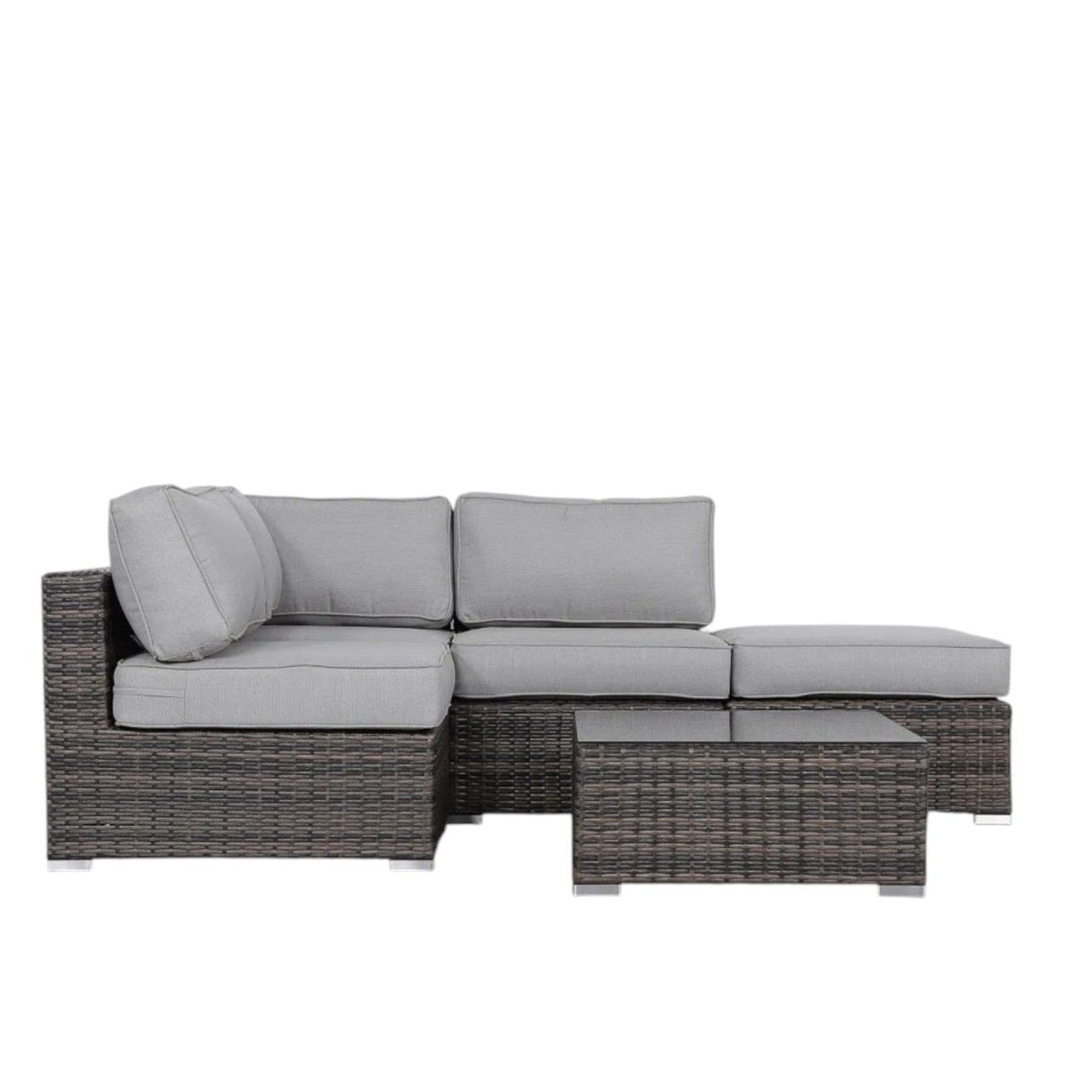 Wicker 3 Piece Seating Group With Plush Cushions, Sofa, Ottoman, And Glass Coffee Table - Brown