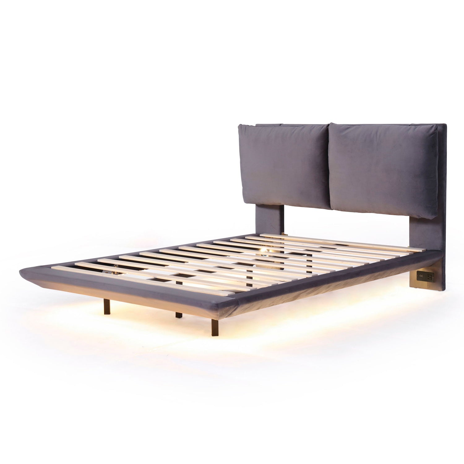 Upholstered Platform Bed With Sensor Light And 2 Large Backrests, With 2 Sets Of USB Port And Socket On Each Rear Bed Leg