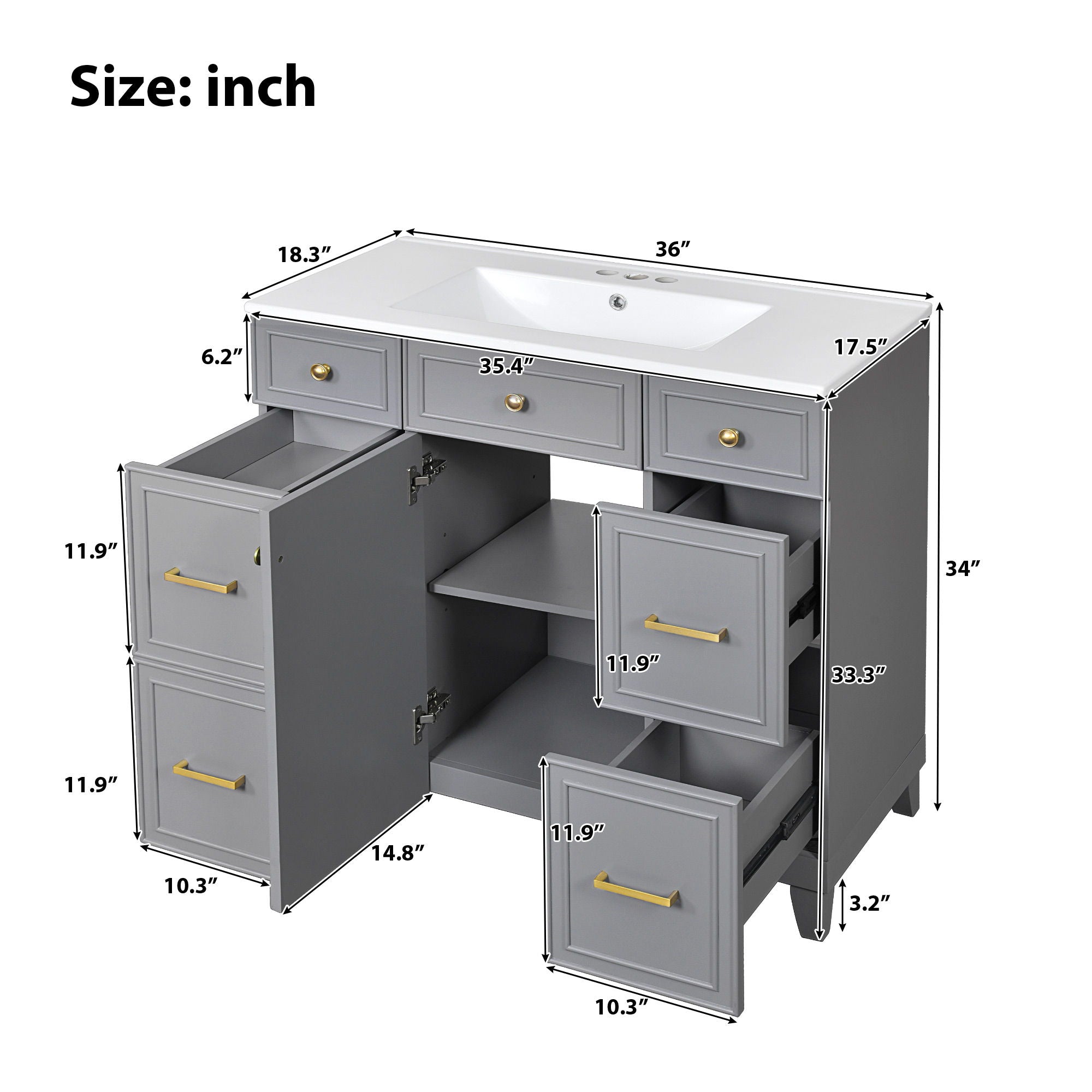 Bathroom Vanity With Ceramic Sink, Soft Close Doors, Adjustable Shelves