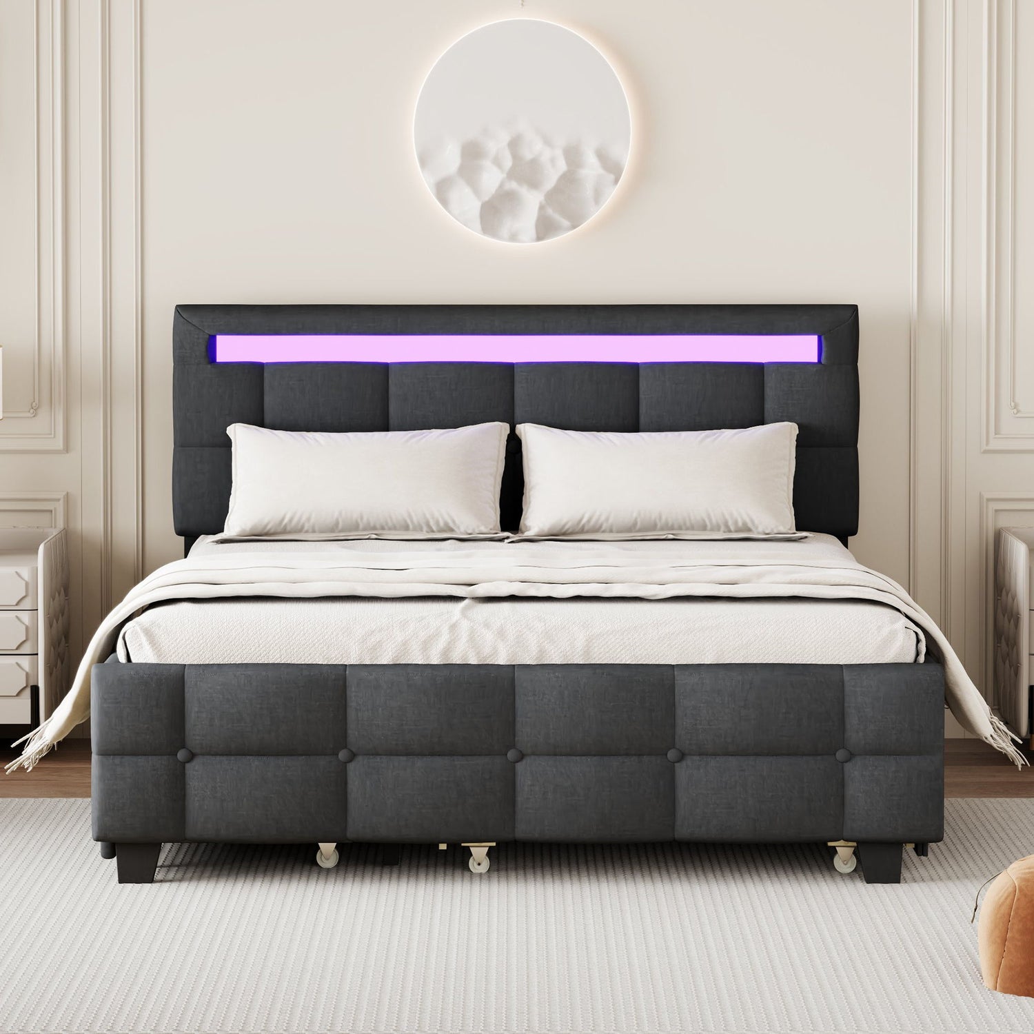 Upholstered Platform Bed With LED Frame, With Trundle And 2 Drawers
