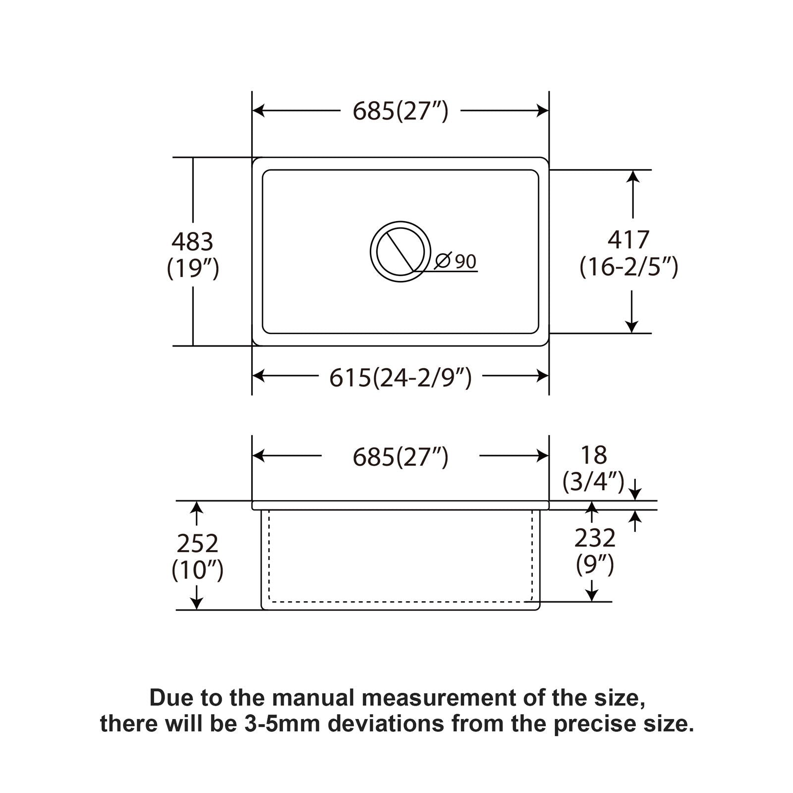 Undermount Single Bowl Ceramic Kitchen Sink, Dual Mount