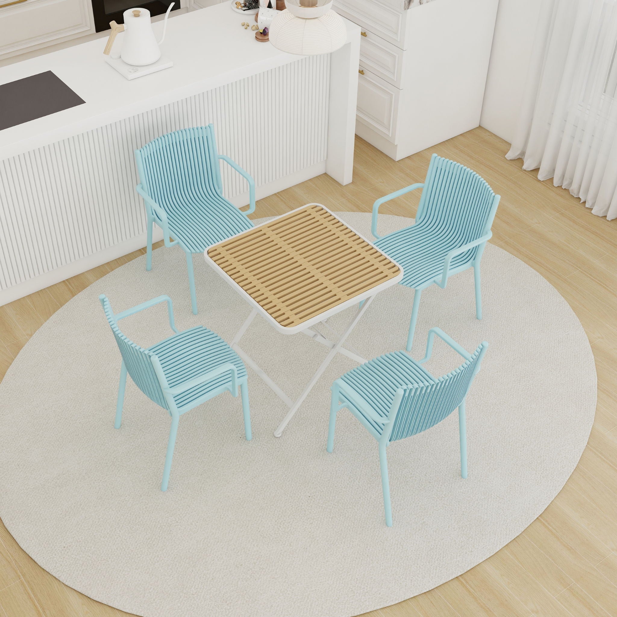 4 Modern Stackable Plastic Armchair Matched With Folding Square Table