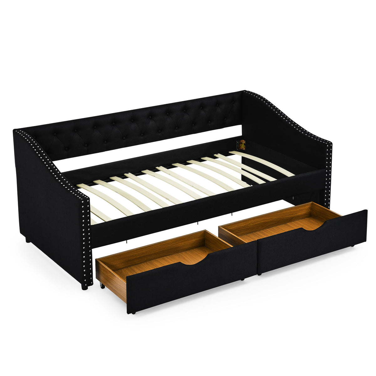 Upholstered Tufted Daybed With 2 Drawers, Waved Arms