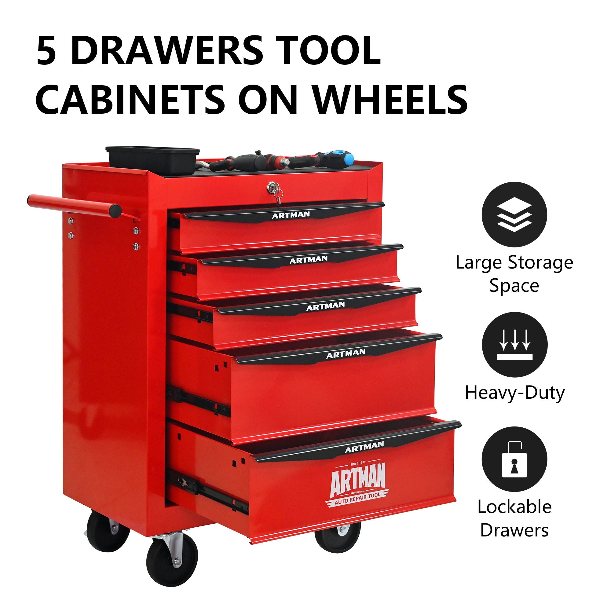 Rolling Metal Tool Chest With Drawers, Steel Storage Cabinet With Ball Bearing Slides