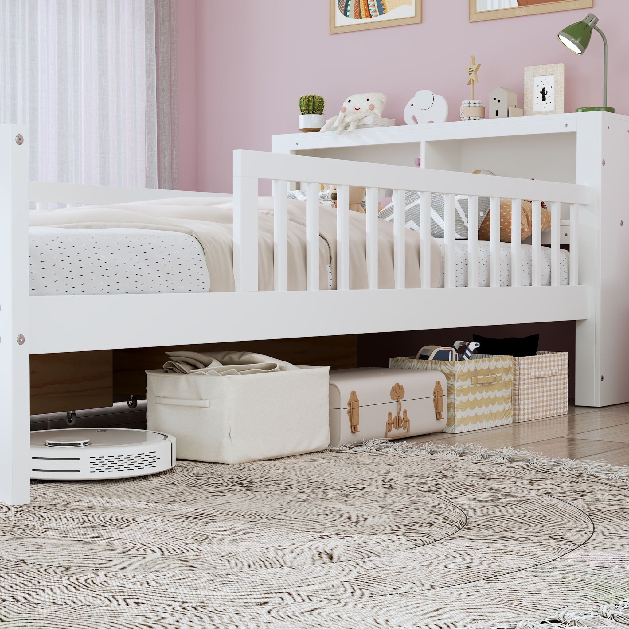 Bed With Headboard Storage Rack, 2 Under Bed Drawers, 3 Side Guardrails For Safety