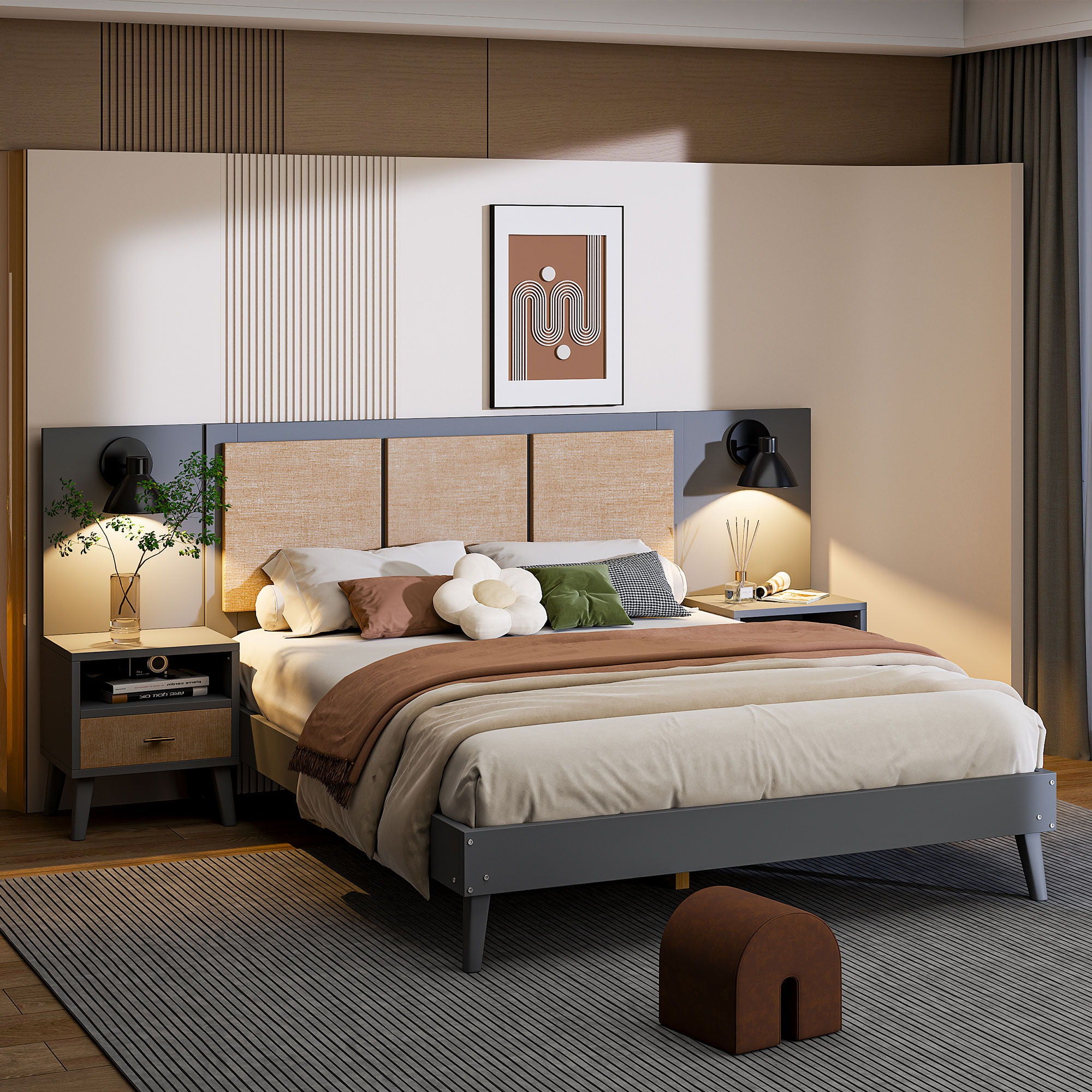 Bed Frame With 2 Nightstands Elegant Design With Lamps